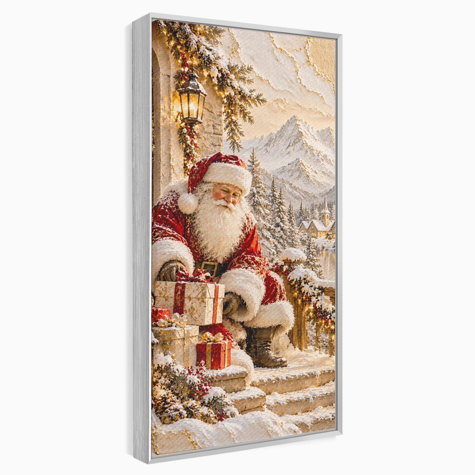 Tablou Canvas Premium LuxCanva® PI1415, Mos Craciun In Peisaj De Iarna, Pregatiri, Calatorie, Iarna, Cadouri, Sarbatori, Culori Vibrante, Living, Dormitor, Camera Copii