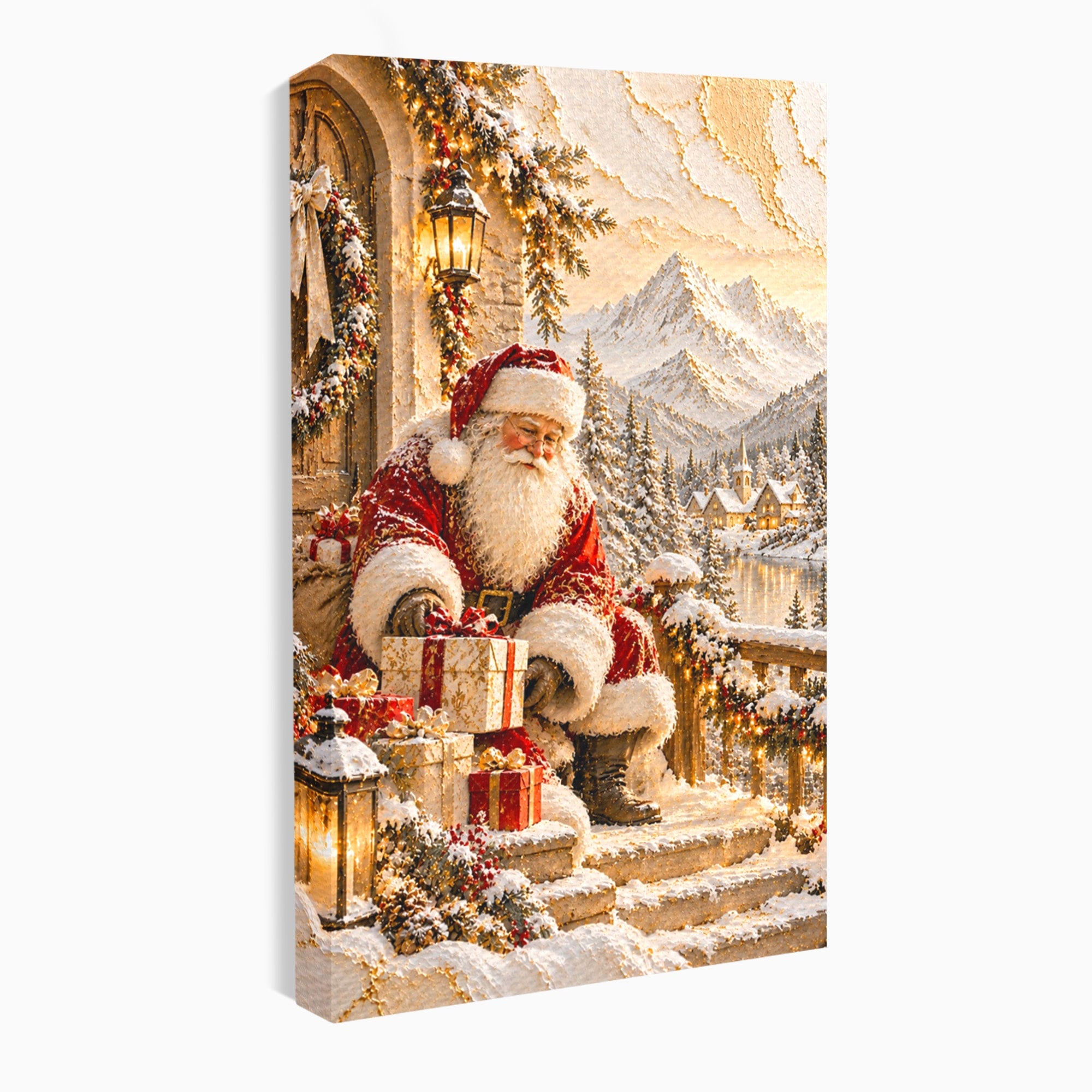 Tablou Canvas Premium LuxCanva® PI1415, Mos Craciun In Peisaj De Iarna, Pregatiri, Calatorie, Iarna, Cadouri, Sarbatori, Culori Vibrante, Living, Dormitor, Camera Copii