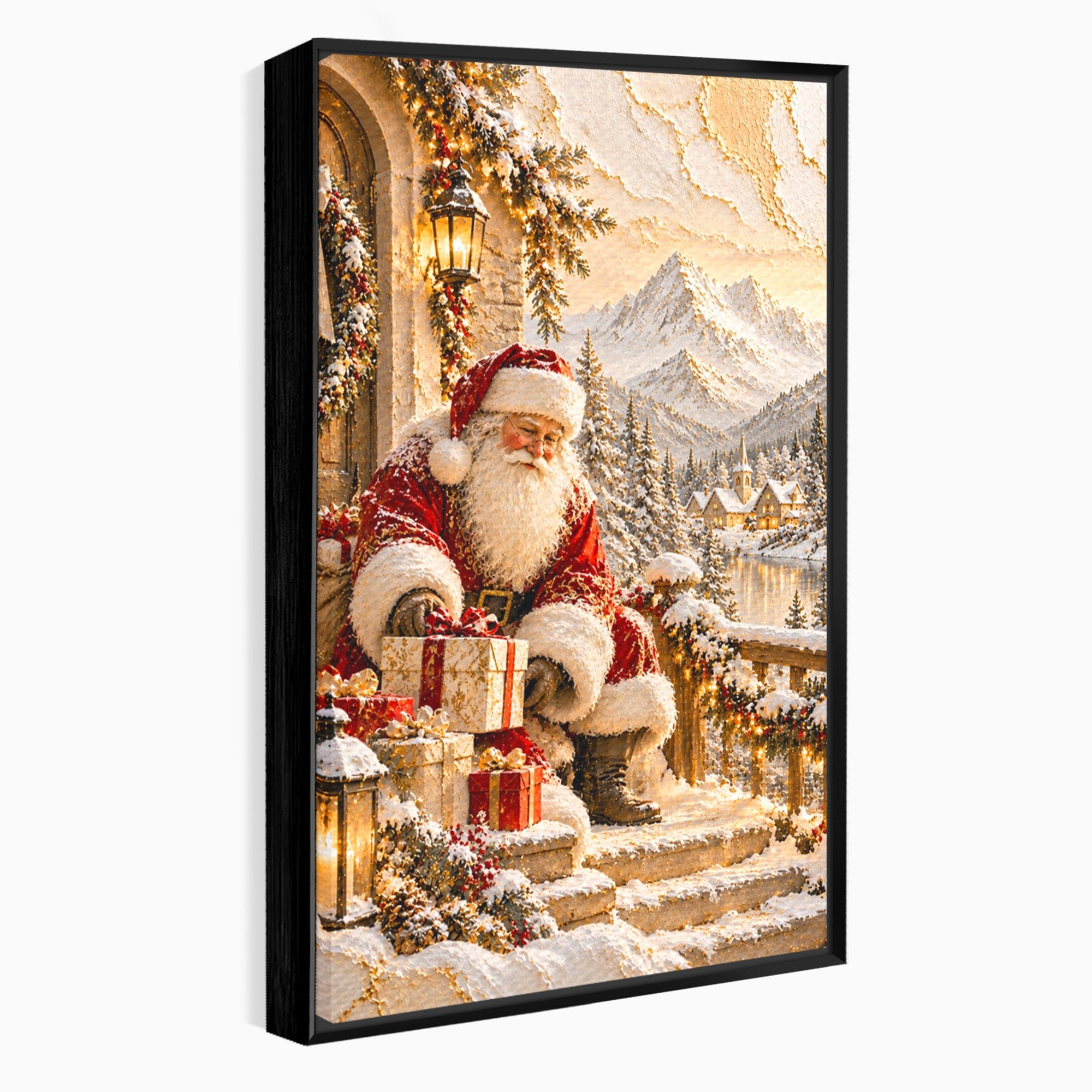 Tablou Canvas Premium LuxCanva® PI1415, Mos Craciun In Peisaj De Iarna, Pregatiri, Calatorie, Iarna, Cadouri, Sarbatori, Culori Vibrante, Living, Dormitor, Camera Copii