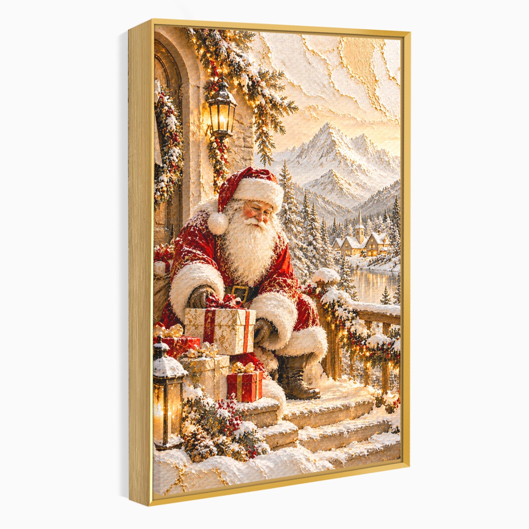 Tablou Canvas Premium LuxCanva® PI1415, Mos Craciun In Peisaj De Iarna, Pregatiri, Calatorie, Iarna, Cadouri, Sarbatori, Culori Vibrante, Living, Dormitor, Camera Copii