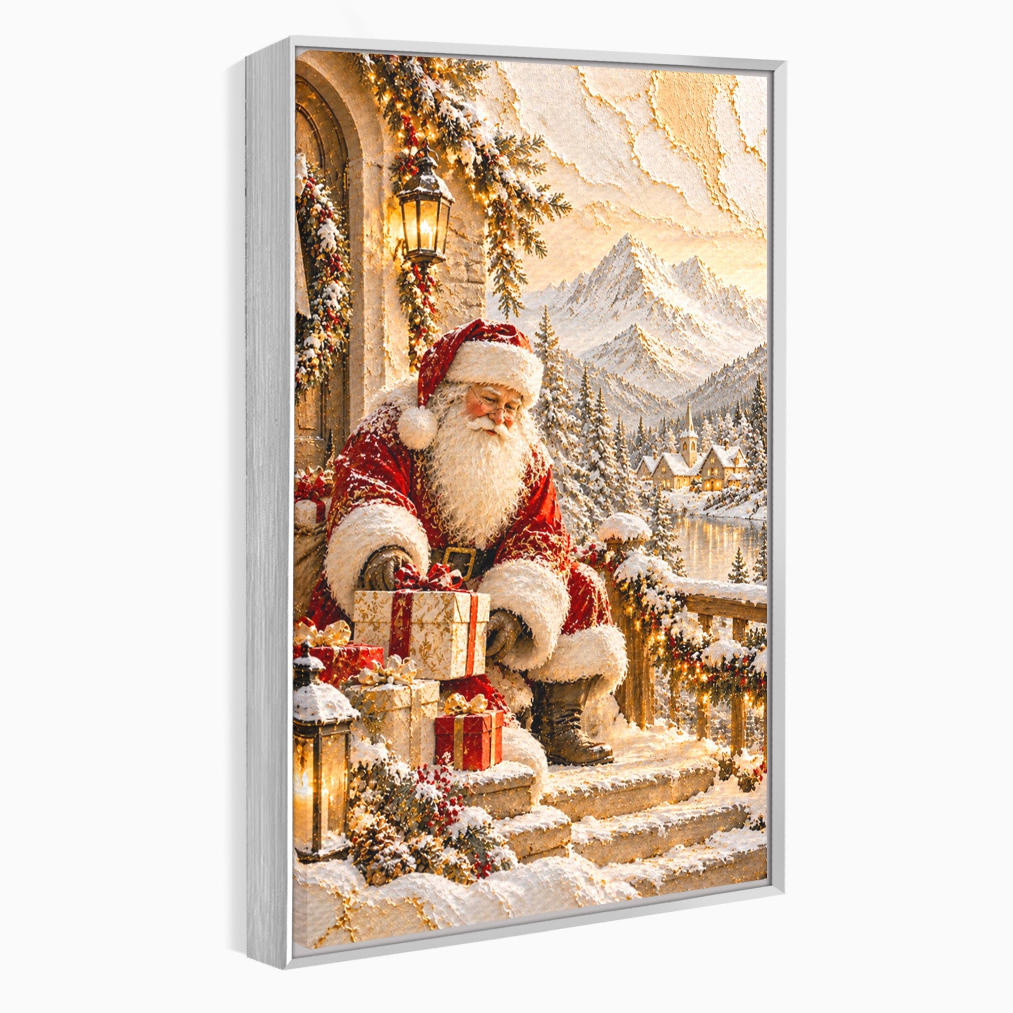 Tablou Canvas Premium LuxCanva® PI1415, Mos Craciun In Peisaj De Iarna, Pregatiri, Calatorie, Iarna, Cadouri, Sarbatori, Culori Vibrante, Living, Dormitor, Camera Copii
