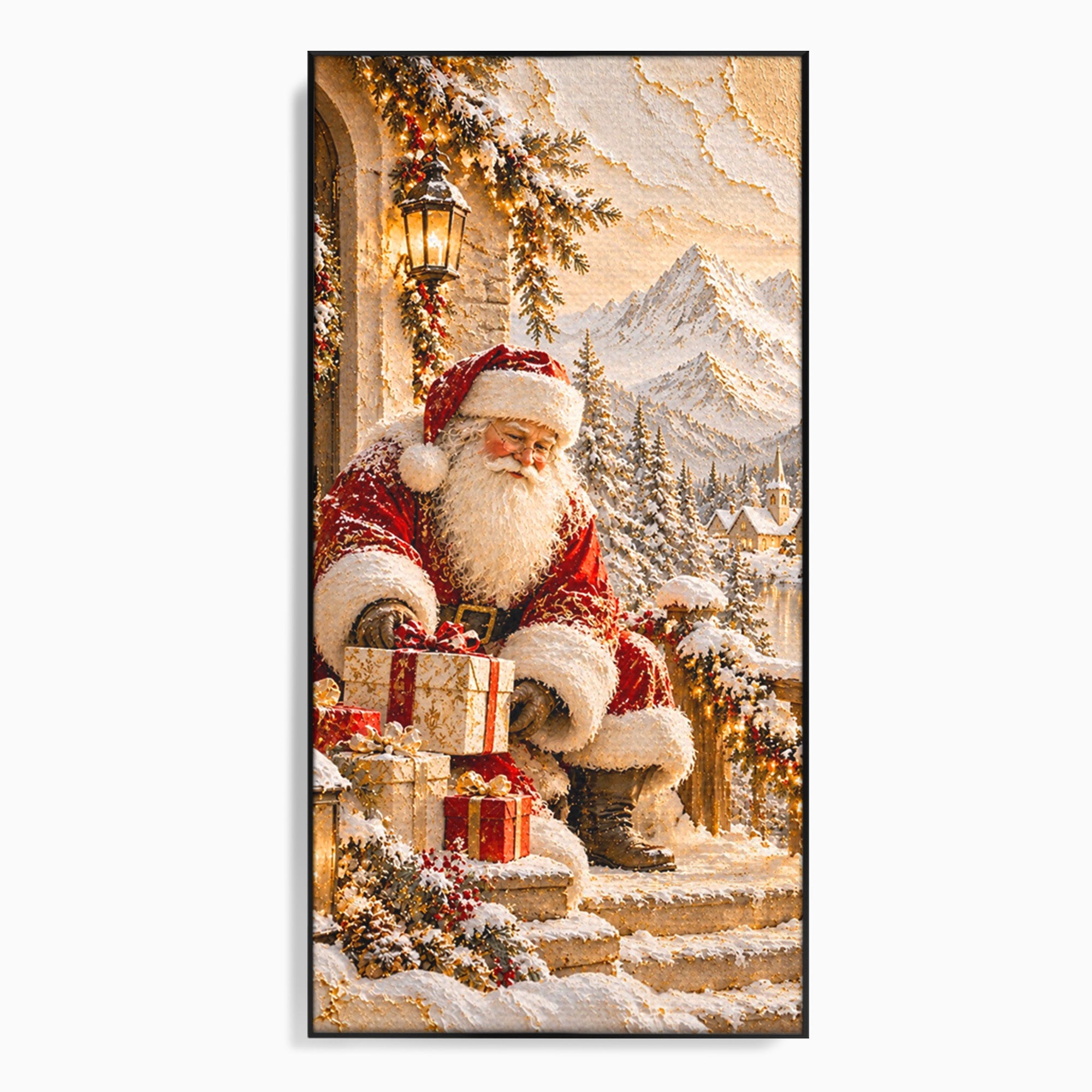 Tablou Canvas Premium LuxCanva® PI1415, Mos Craciun In Peisaj De Iarna, Pregatiri, Calatorie, Iarna, Cadouri, Sarbatori, Culori Vibrante, Living, Dormitor, Camera Copii