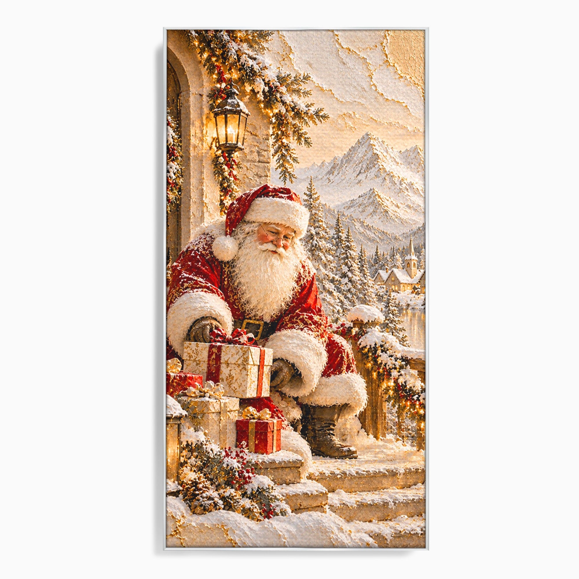 Tablou Canvas Premium LuxCanva® PI1415, Mos Craciun In Peisaj De Iarna, Pregatiri, Calatorie, Iarna, Cadouri, Sarbatori, Culori Vibrante, Living, Dormitor, Camera Copii