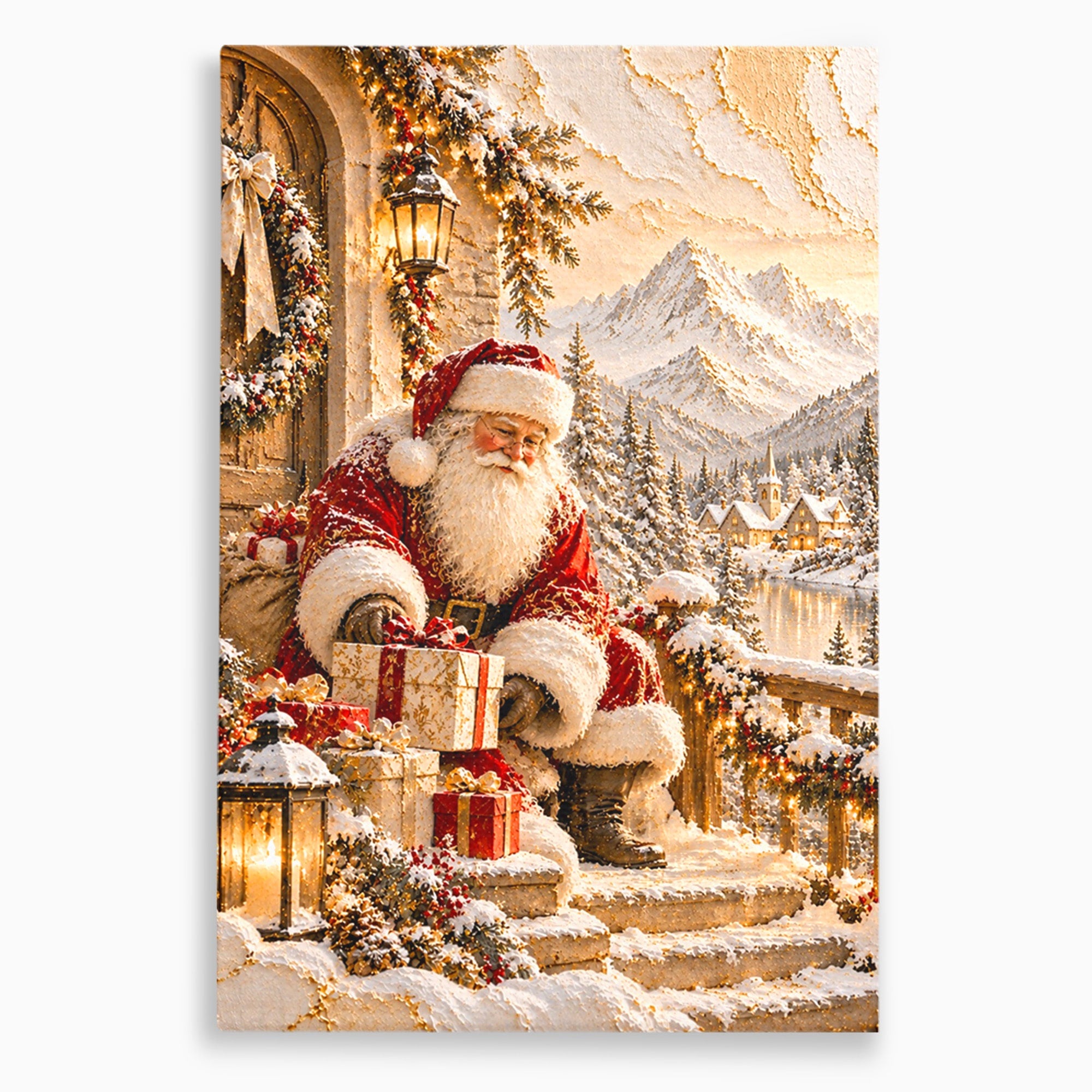 Tablou Canvas Premium LuxCanva® PI1415, Mos Craciun In Peisaj De Iarna, Pregatiri, Calatorie, Iarna, Cadouri, Sarbatori, Culori Vibrante, Living, Dormitor, Camera Copii