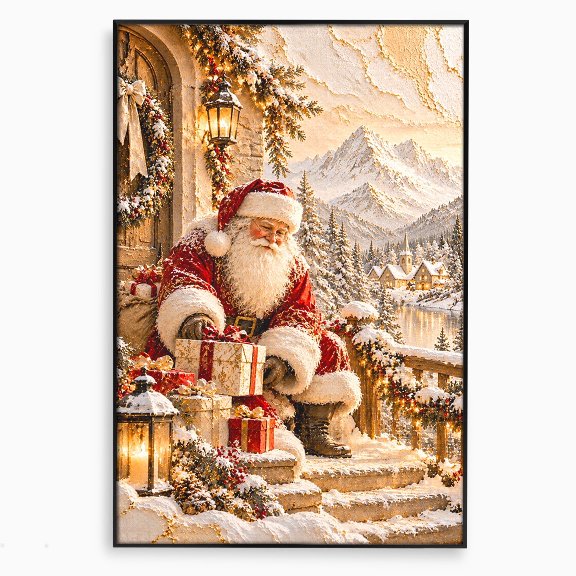 Tablou Canvas Premium LuxCanva® PI1415, Mos Craciun In Peisaj De Iarna, Pregatiri, Calatorie, Iarna, Cadouri, Sarbatori, Culori Vibrante, Living, Dormitor, Camera Copii
