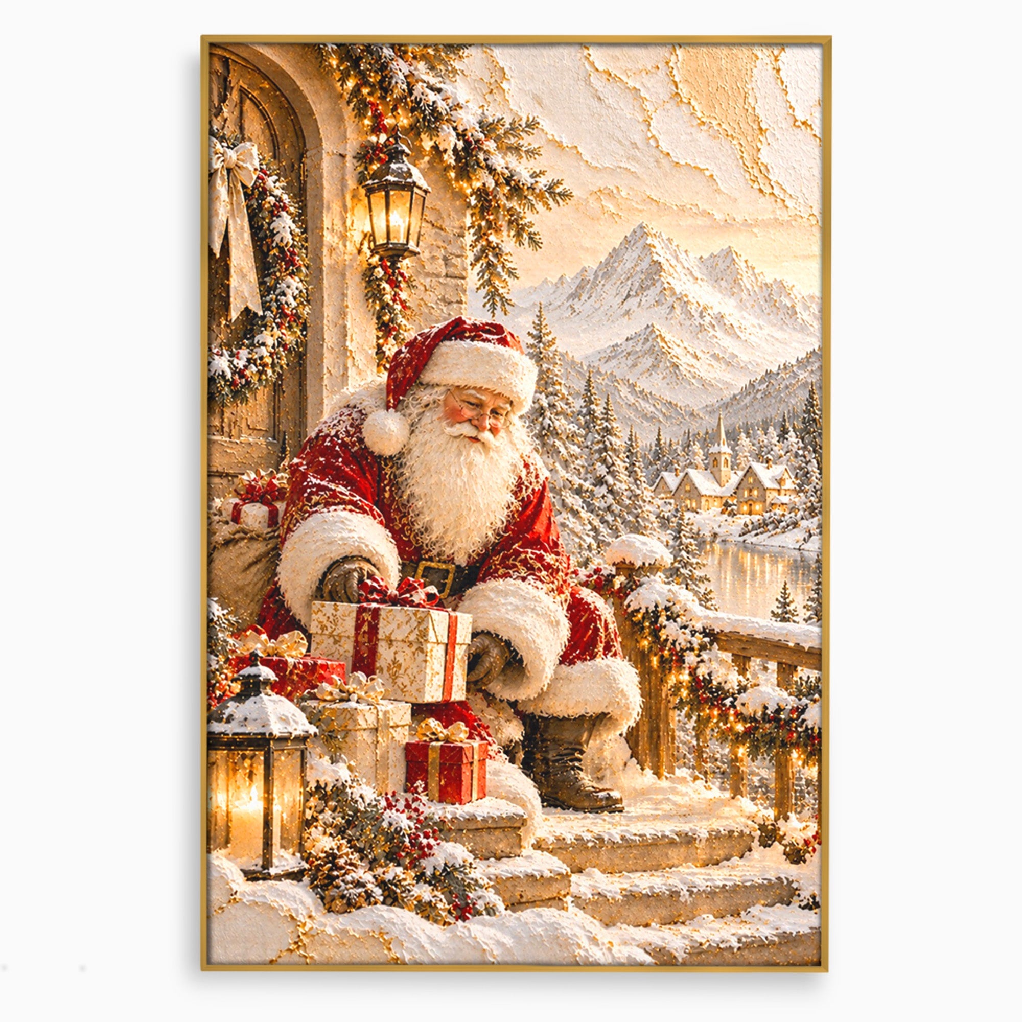 Tablou Canvas Premium LuxCanva® PI1415, Mos Craciun In Peisaj De Iarna, Pregatiri, Calatorie, Iarna, Cadouri, Sarbatori, Culori Vibrante, Living, Dormitor, Camera Copii