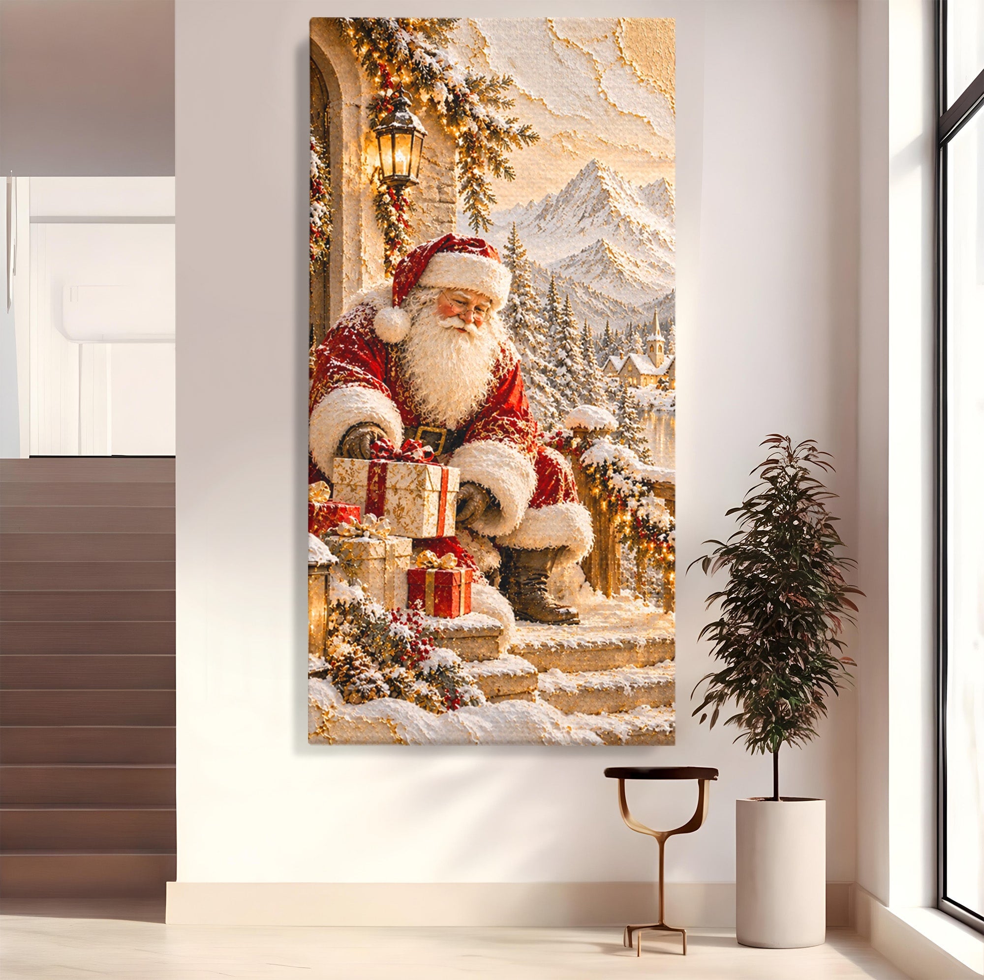 Tablou Canvas Premium LuxCanva® PI1415, Mos Craciun In Peisaj De Iarna, Pregatiri, Calatorie, Iarna, Cadouri, Sarbatori, Culori Vibrante, Living, Dormitor, Camera Copii