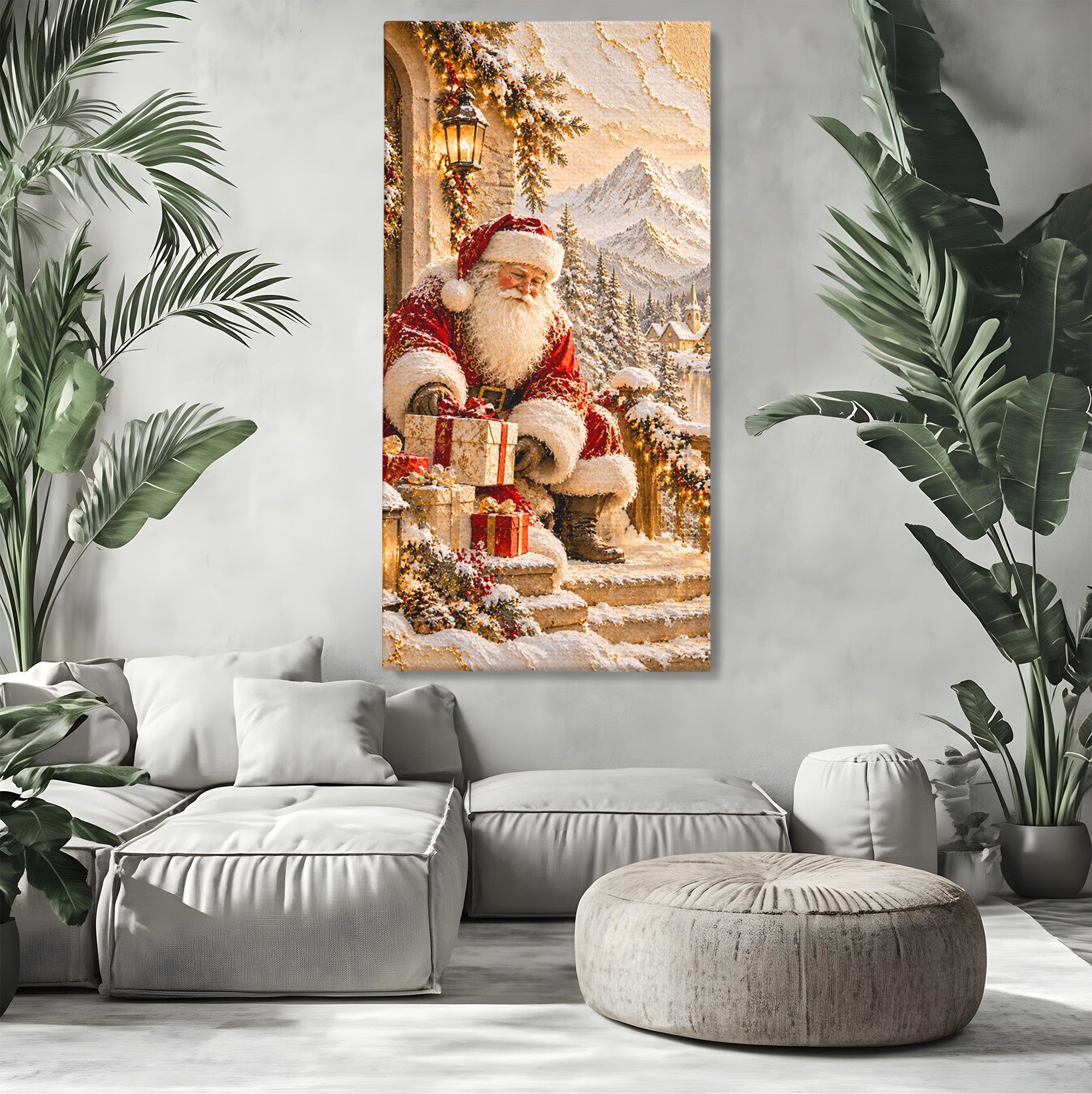 Tablou Canvas Premium LuxCanva® PI1415, Mos Craciun In Peisaj De Iarna, Pregatiri, Calatorie, Iarna, Cadouri, Sarbatori, Culori Vibrante, Living, Dormitor, Camera Copii