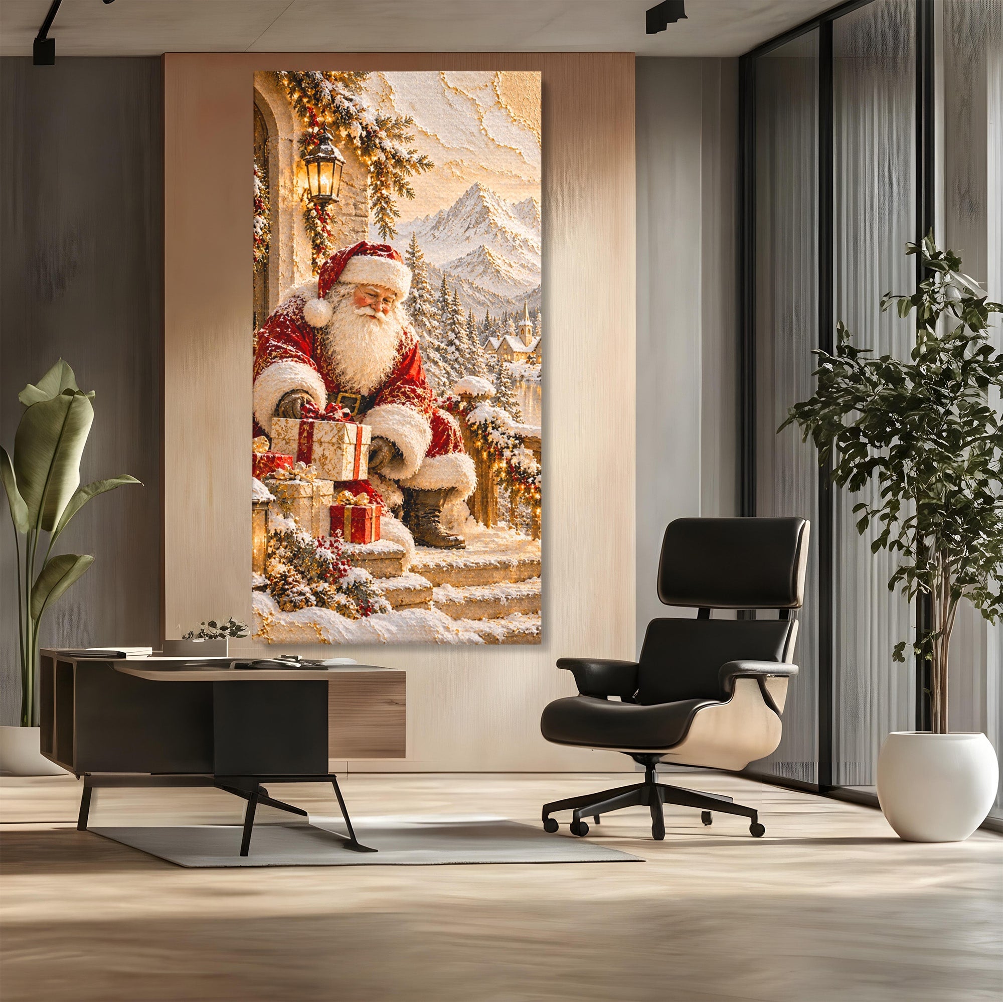 Tablou Canvas Premium LuxCanva® PI1415, Mos Craciun In Peisaj De Iarna, Pregatiri, Calatorie, Iarna, Cadouri, Sarbatori, Culori Vibrante, Living, Dormitor, Camera Copii