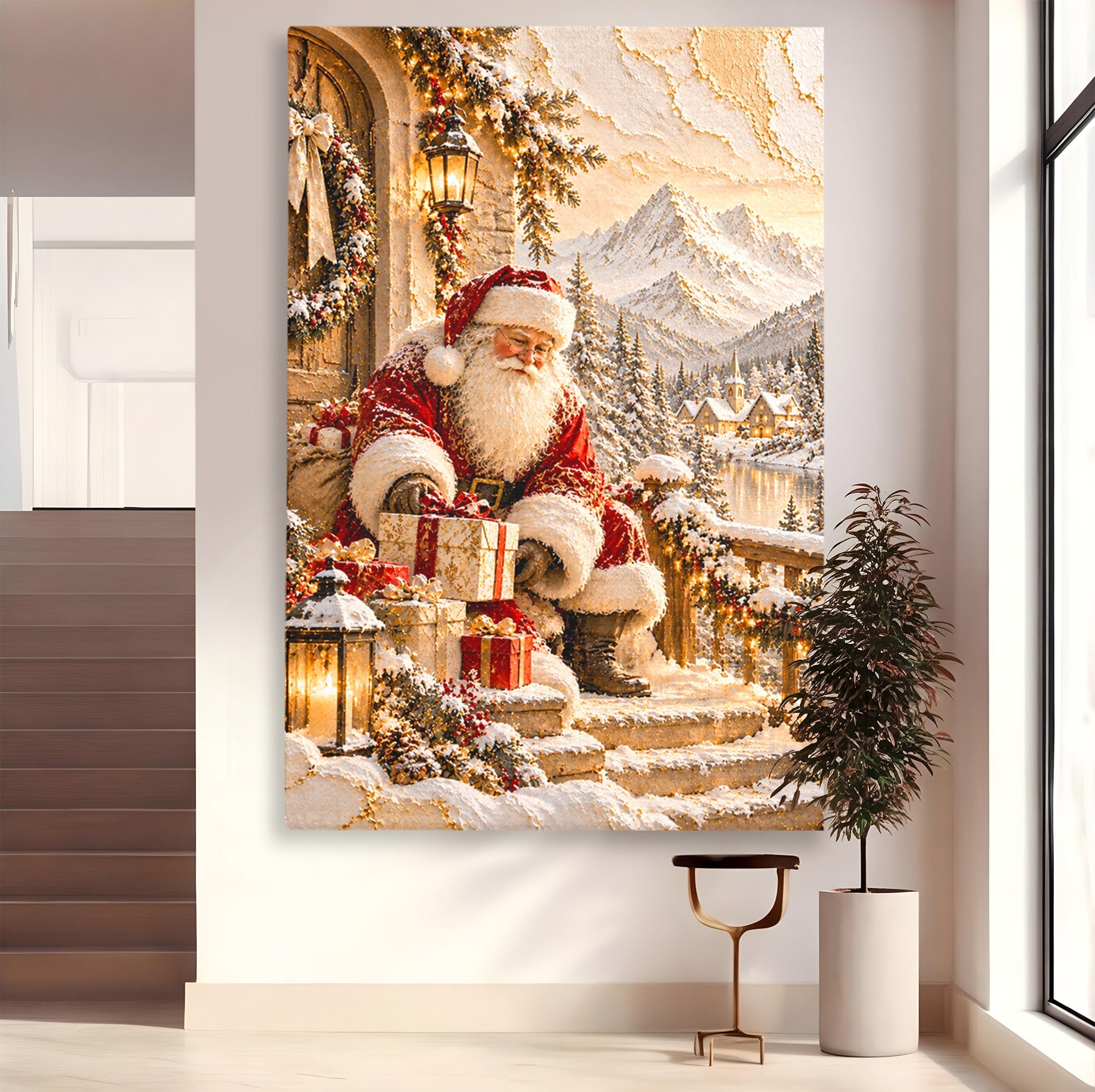 Tablou Canvas Premium LuxCanva® PI1415, Mos Craciun In Peisaj De Iarna, Pregatiri, Calatorie, Iarna, Cadouri, Sarbatori, Culori Vibrante, Living, Dormitor, Camera Copii