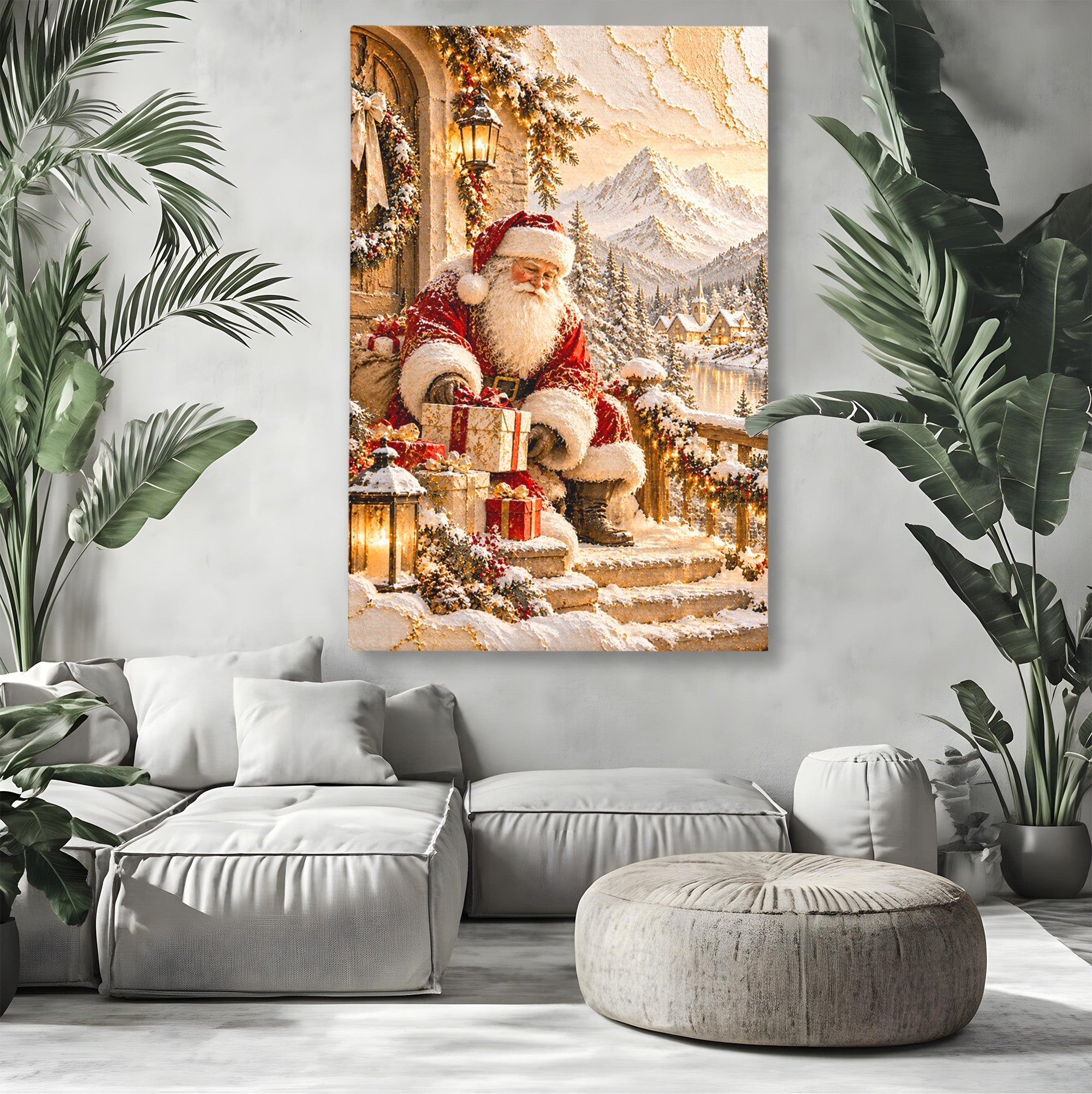 Tablou Canvas Premium LuxCanva® PI1415, Mos Craciun In Peisaj De Iarna, Pregatiri, Calatorie, Iarna, Cadouri, Sarbatori, Culori Vibrante, Living, Dormitor, Camera Copii
