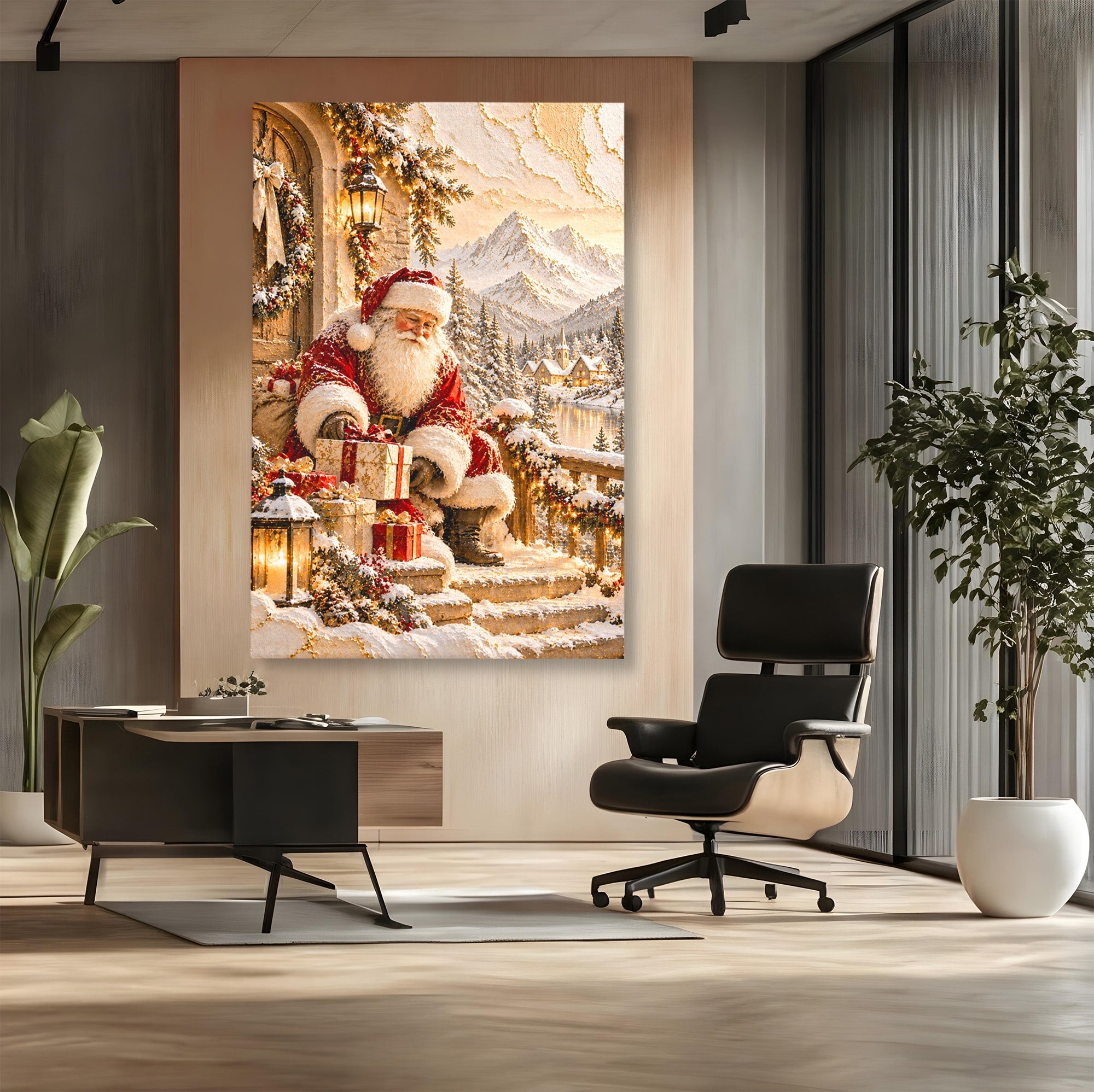 Tablou Canvas Premium LuxCanva® PI1415, Mos Craciun In Peisaj De Iarna, Pregatiri, Calatorie, Iarna, Cadouri, Sarbatori, Culori Vibrante, Living, Dormitor, Camera Copii