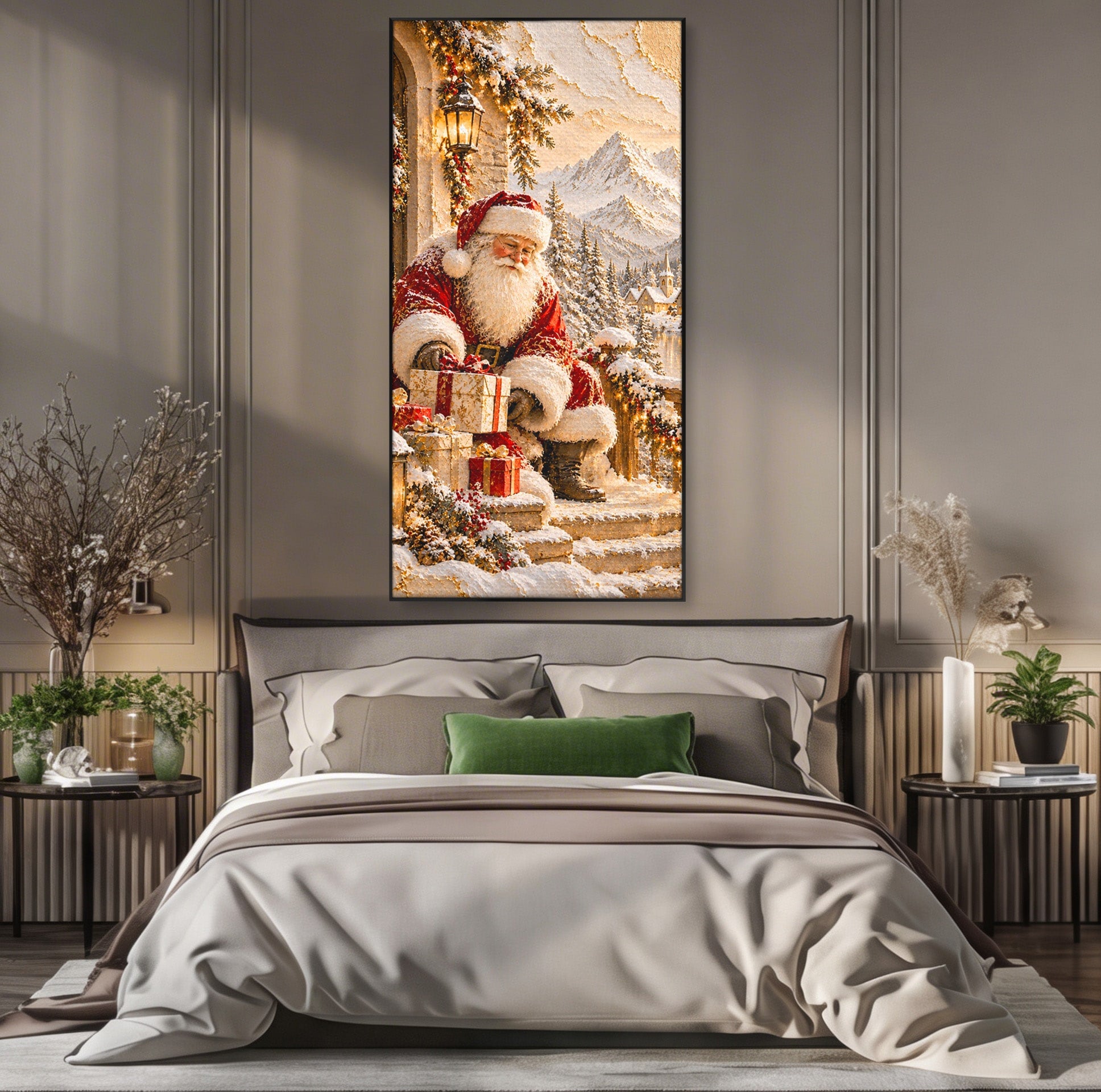 Tablou Canvas Premium LuxCanva® PI1415, Mos Craciun In Peisaj De Iarna, Pregatiri, Calatorie, Iarna, Cadouri, Sarbatori, Culori Vibrante, Living, Dormitor, Camera Copii