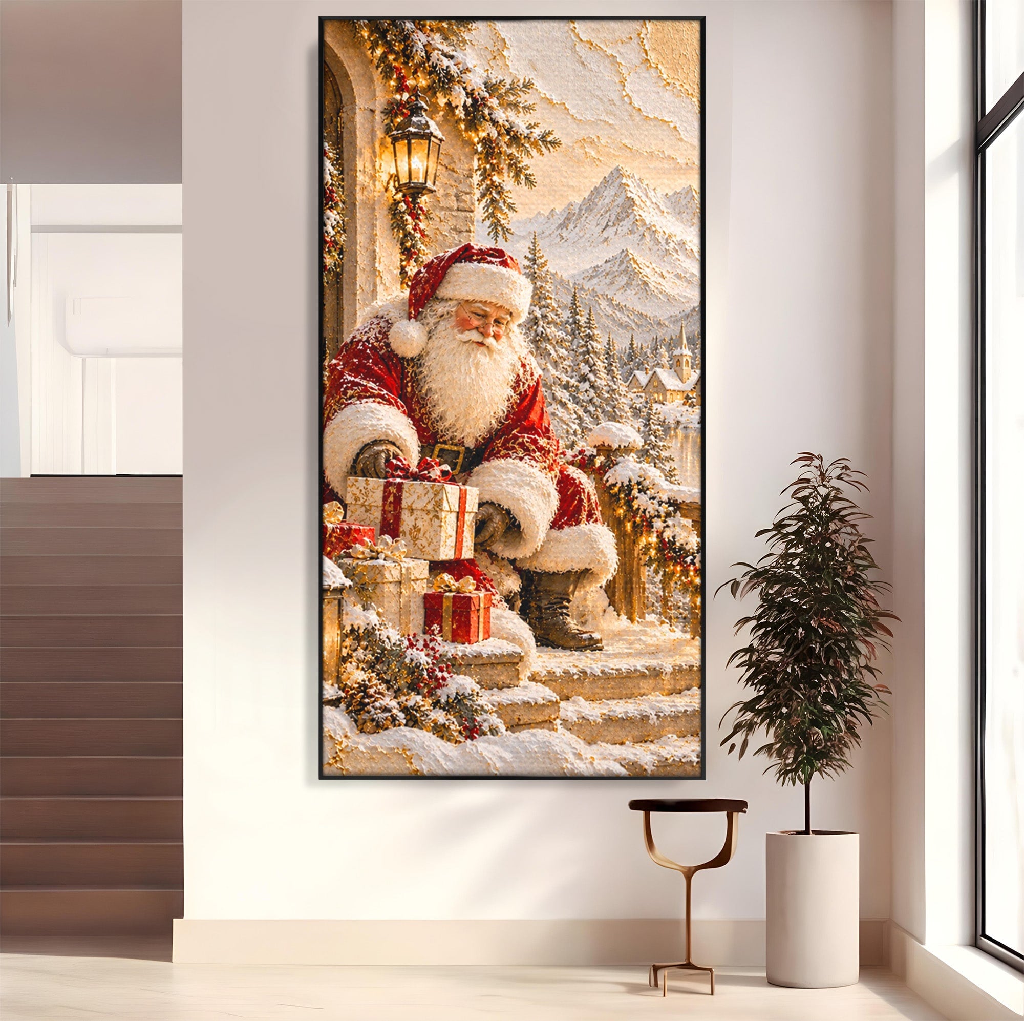 Tablou Canvas Premium LuxCanva® PI1415, Mos Craciun In Peisaj De Iarna, Pregatiri, Calatorie, Iarna, Cadouri, Sarbatori, Culori Vibrante, Living, Dormitor, Camera Copii
