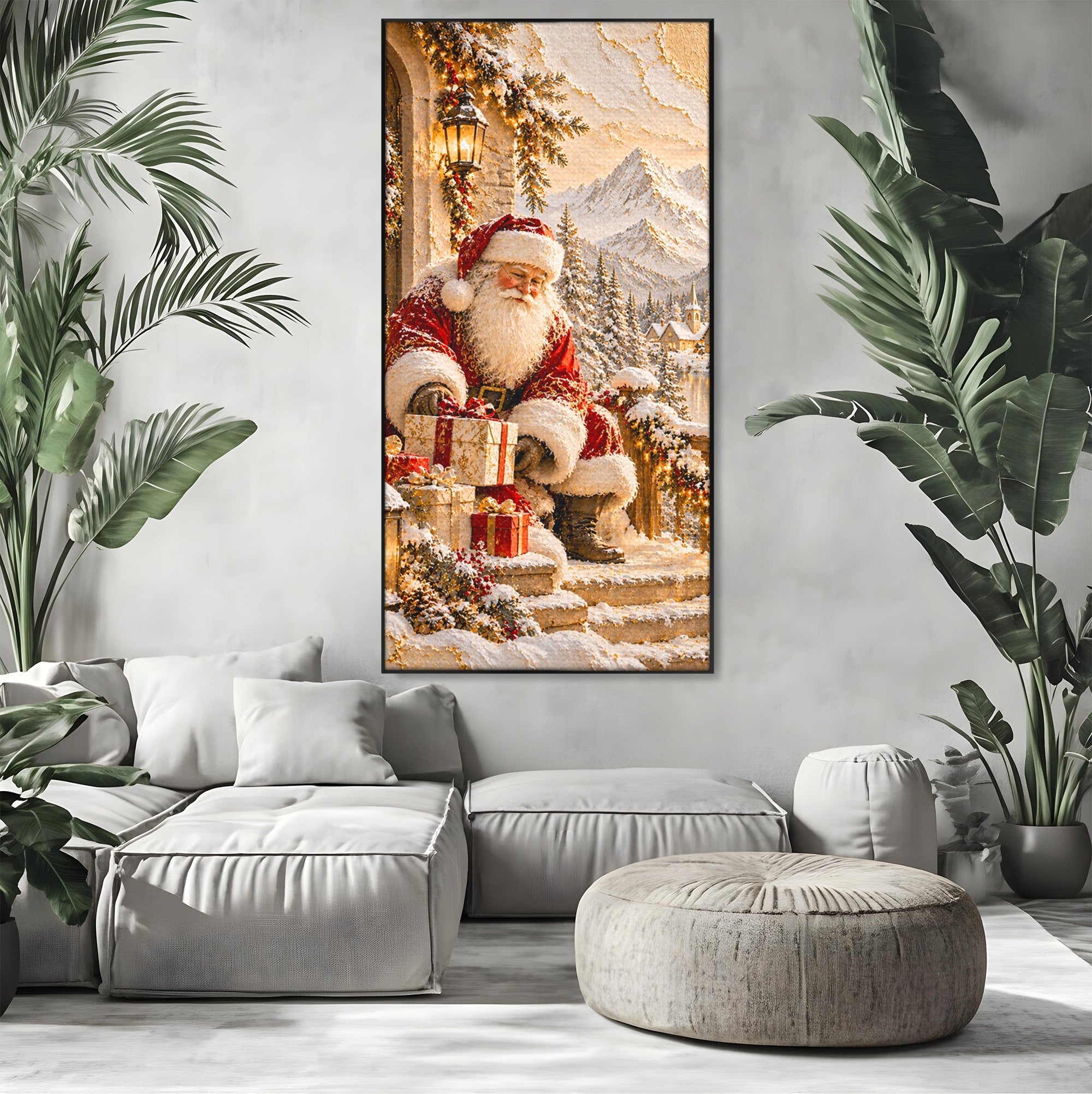Tablou Canvas Premium LuxCanva® PI1415, Mos Craciun In Peisaj De Iarna, Pregatiri, Calatorie, Iarna, Cadouri, Sarbatori, Culori Vibrante, Living, Dormitor, Camera Copii