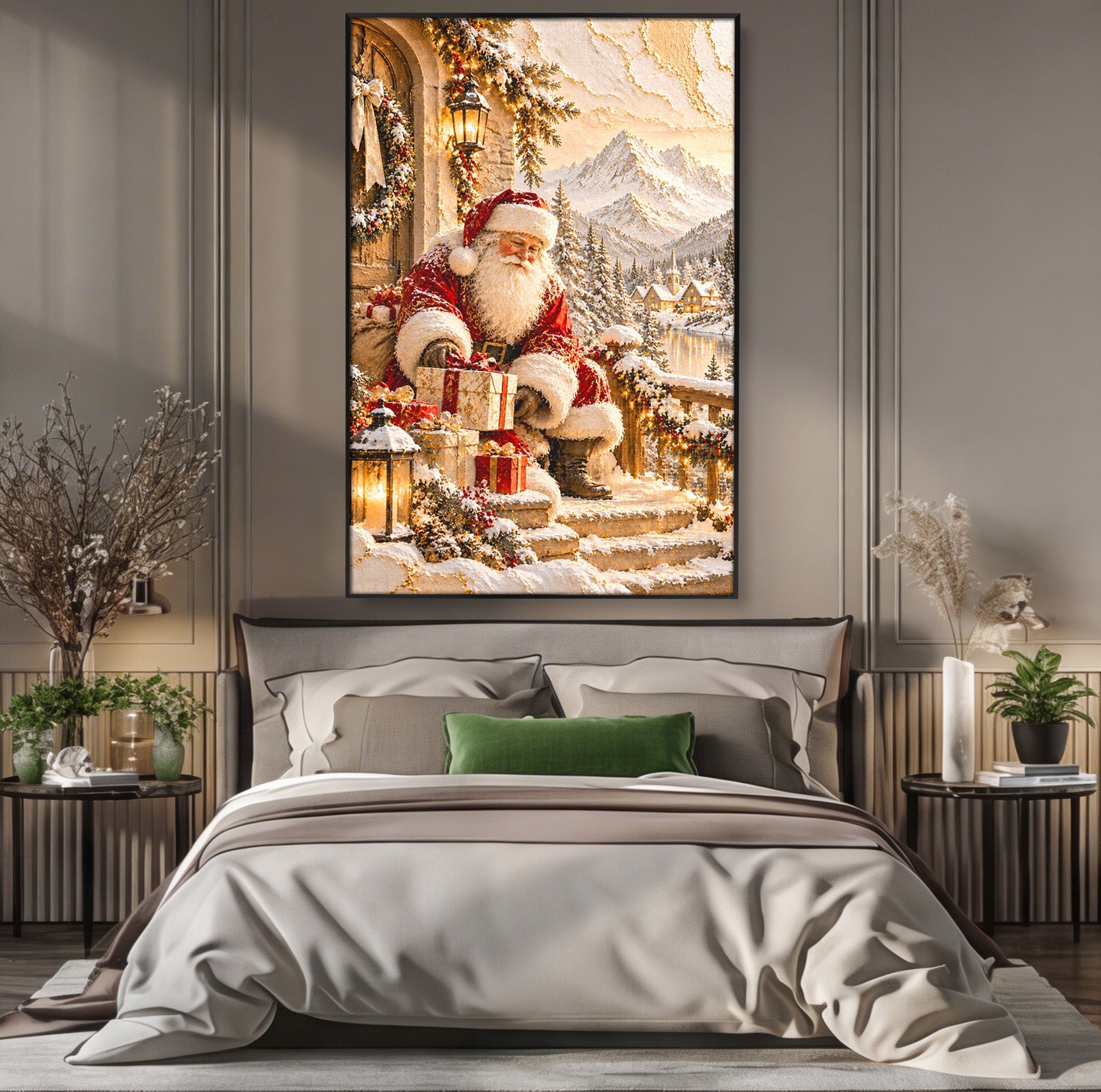 Tablou Canvas Premium LuxCanva® PI1415, Mos Craciun In Peisaj De Iarna, Pregatiri, Calatorie, Iarna, Cadouri, Sarbatori, Culori Vibrante, Living, Dormitor, Camera Copii