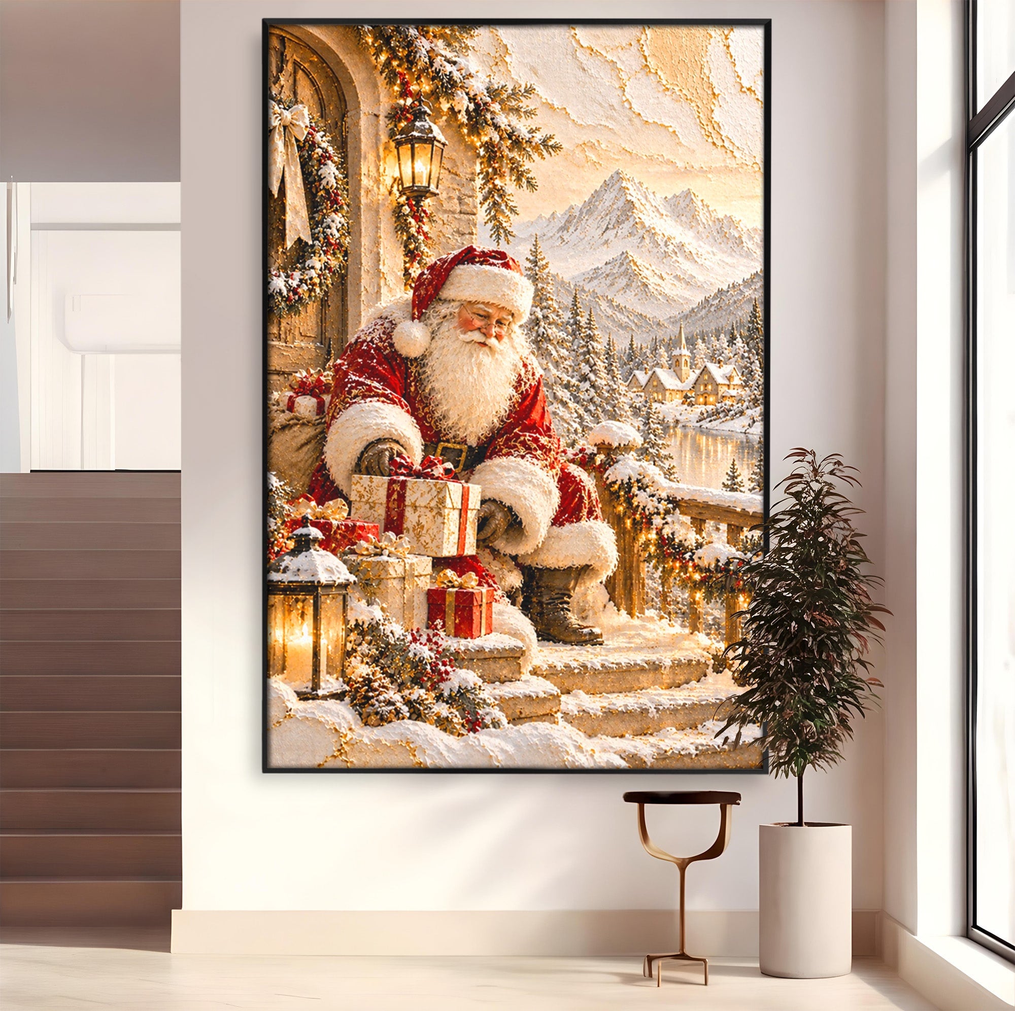 Tablou Canvas Premium LuxCanva® PI1415, Mos Craciun In Peisaj De Iarna, Pregatiri, Calatorie, Iarna, Cadouri, Sarbatori, Culori Vibrante, Living, Dormitor, Camera Copii