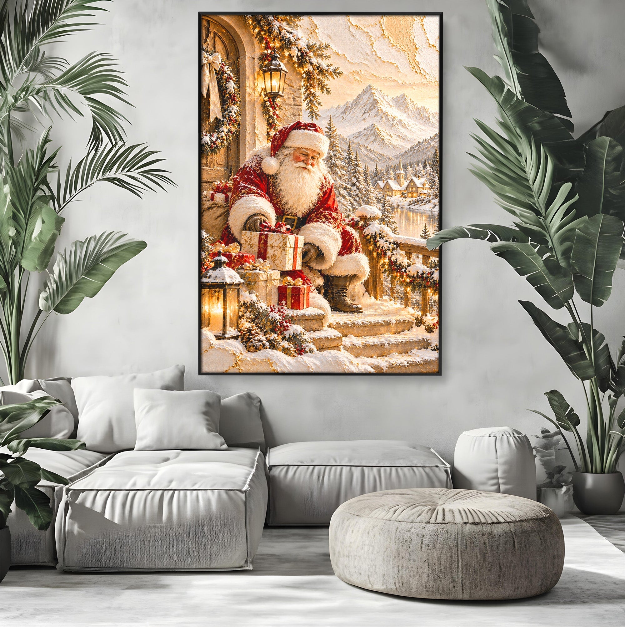 Tablou Canvas Premium LuxCanva® PI1415, Mos Craciun In Peisaj De Iarna, Pregatiri, Calatorie, Iarna, Cadouri, Sarbatori, Culori Vibrante, Living, Dormitor, Camera Copii