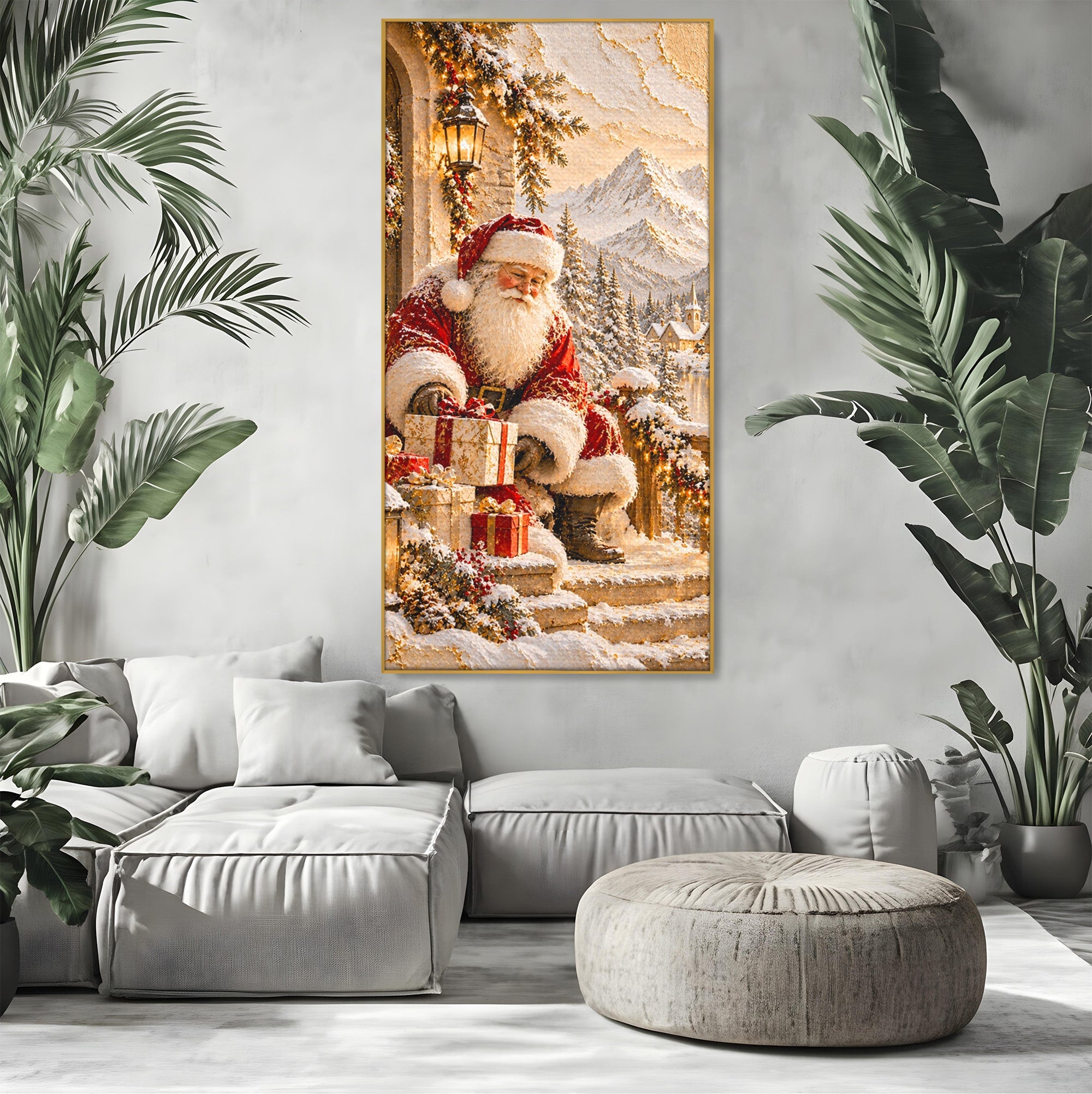 Tablou Canvas Premium LuxCanva® PI1415, Mos Craciun In Peisaj De Iarna, Pregatiri, Calatorie, Iarna, Cadouri, Sarbatori, Culori Vibrante, Living, Dormitor, Camera Copii