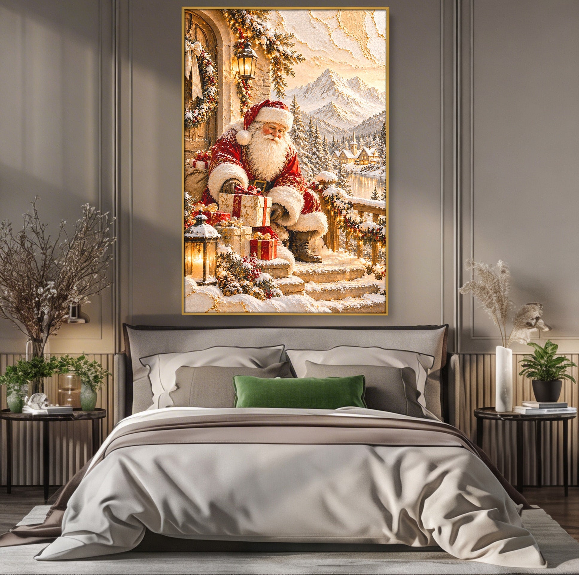 Tablou Canvas Premium LuxCanva® PI1415, Mos Craciun In Peisaj De Iarna, Pregatiri, Calatorie, Iarna, Cadouri, Sarbatori, Culori Vibrante, Living, Dormitor, Camera Copii