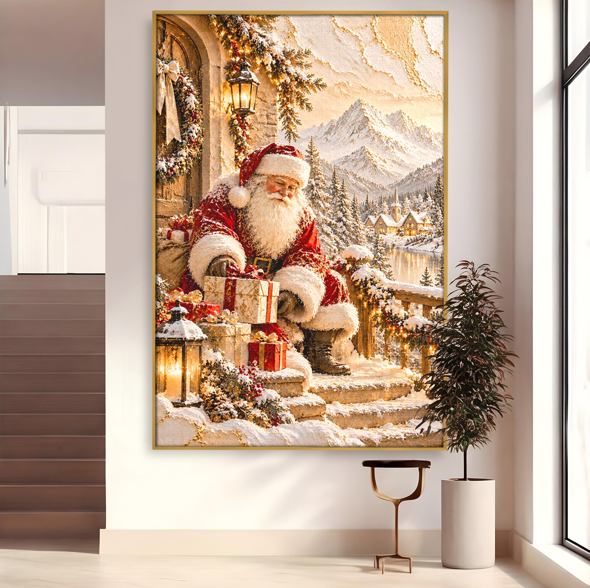 Tablou Canvas Premium LuxCanva® PI1415, Mos Craciun In Peisaj De Iarna, Pregatiri, Calatorie, Iarna, Cadouri, Sarbatori, Culori Vibrante, Living, Dormitor, Camera Copii