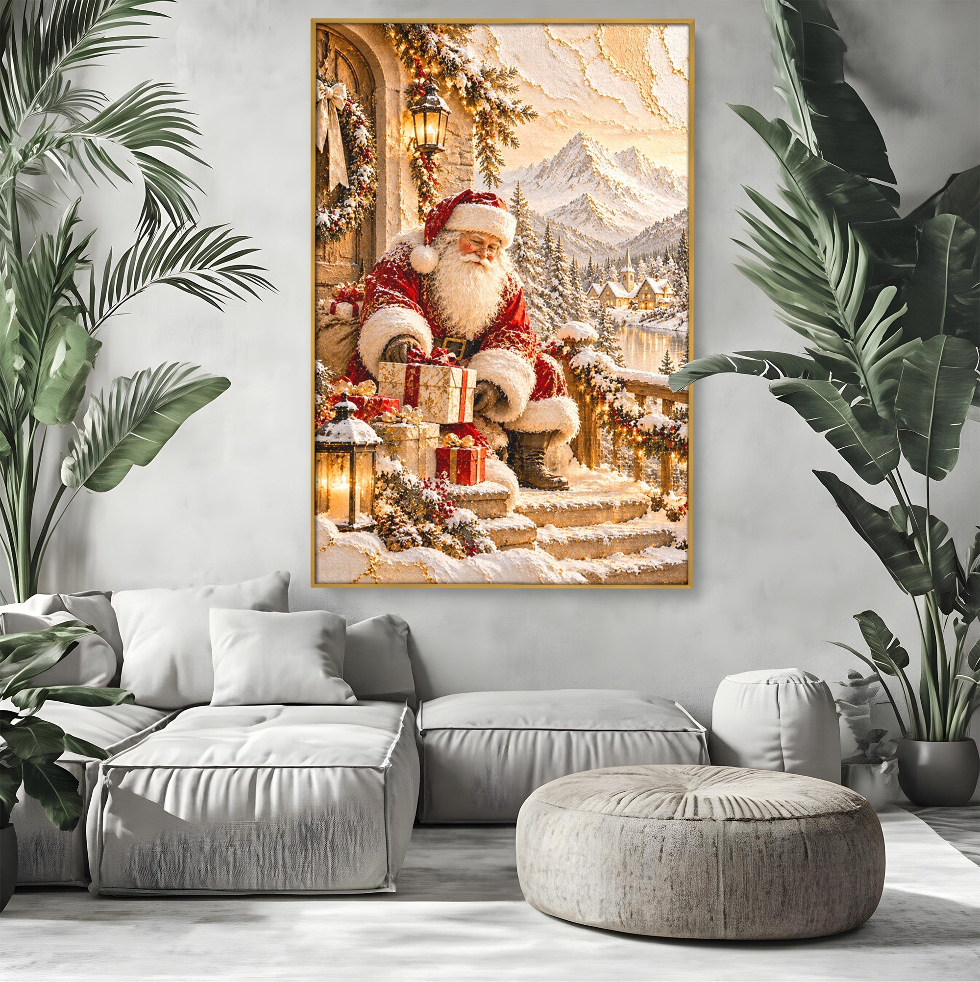 Tablou Canvas Premium LuxCanva® PI1415, Mos Craciun In Peisaj De Iarna, Pregatiri, Calatorie, Iarna, Cadouri, Sarbatori, Culori Vibrante, Living, Dormitor, Camera Copii