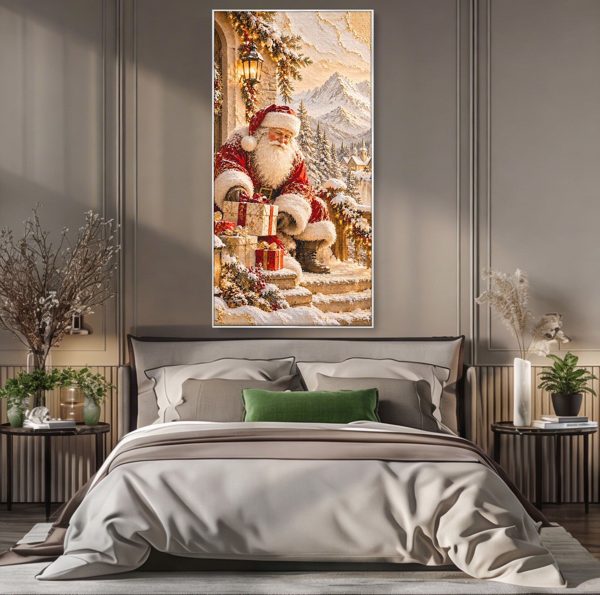 Tablou Canvas Premium LuxCanva® PI1415, Mos Craciun In Peisaj De Iarna, Pregatiri, Calatorie, Iarna, Cadouri, Sarbatori, Culori Vibrante, Living, Dormitor, Camera Copii