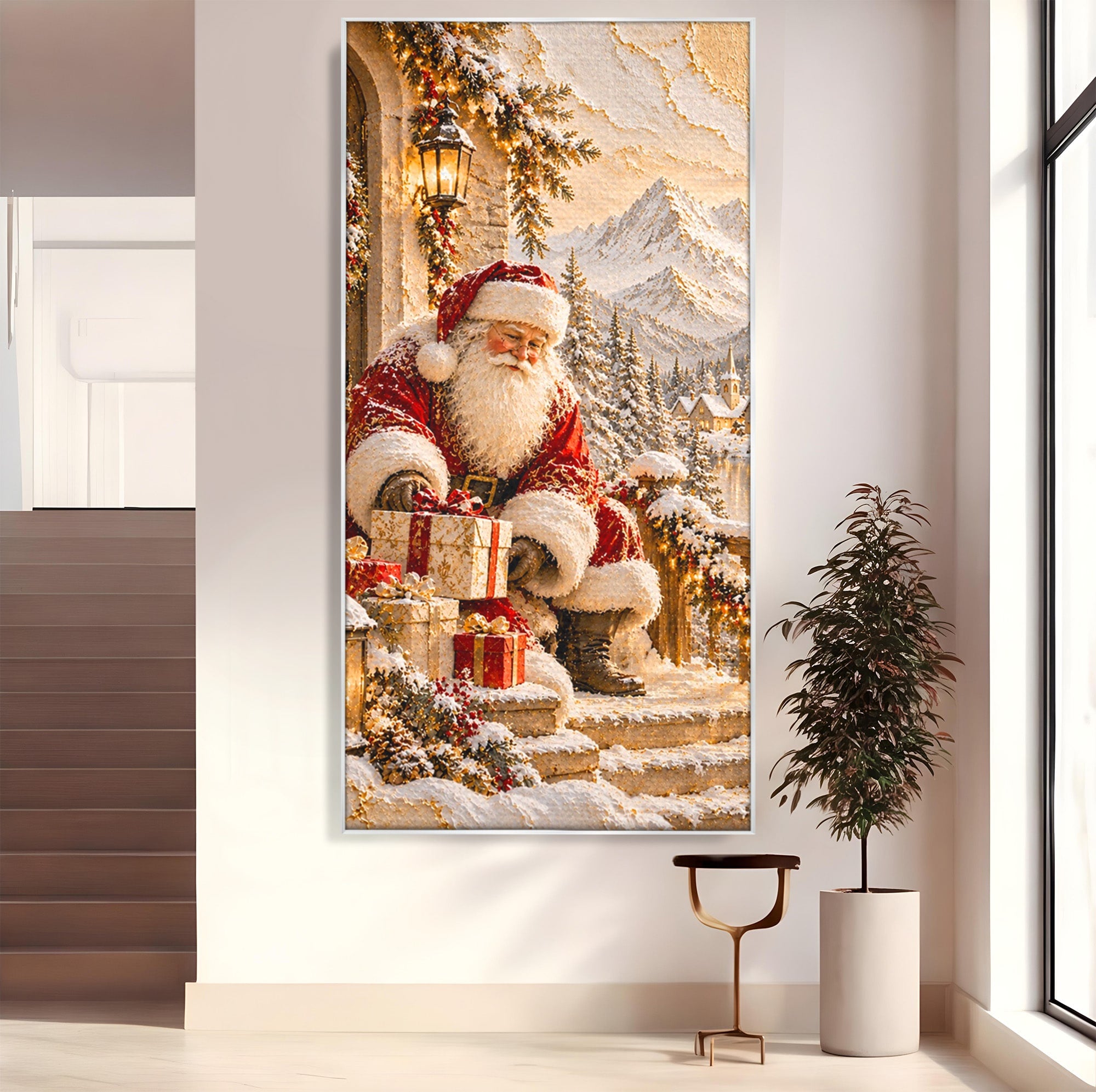 Tablou Canvas Premium LuxCanva® PI1415, Mos Craciun In Peisaj De Iarna, Pregatiri, Calatorie, Iarna, Cadouri, Sarbatori, Culori Vibrante, Living, Dormitor, Camera Copii
