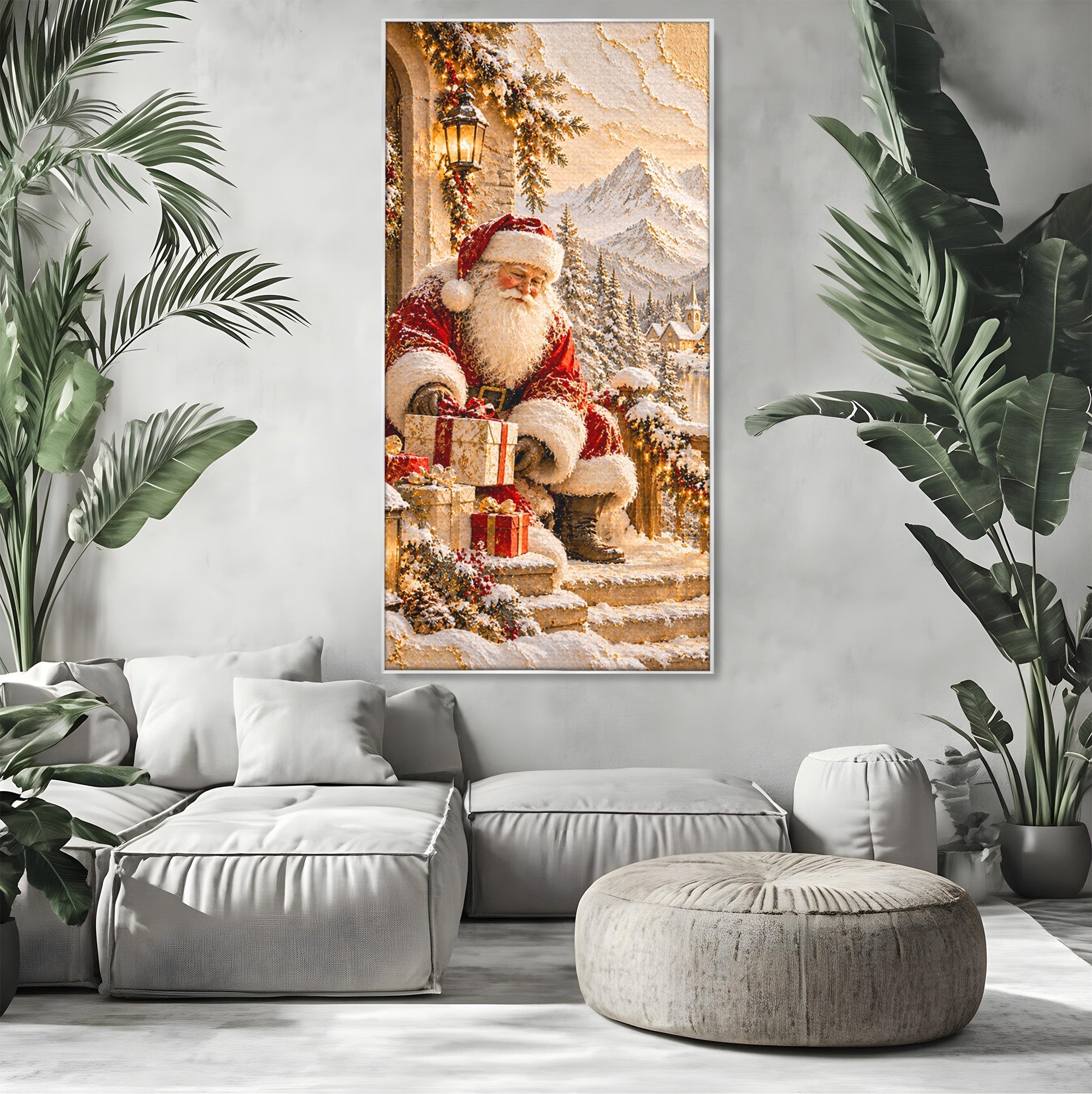 Tablou Canvas Premium LuxCanva® PI1415, Mos Craciun In Peisaj De Iarna, Pregatiri, Calatorie, Iarna, Cadouri, Sarbatori, Culori Vibrante, Living, Dormitor, Camera Copii