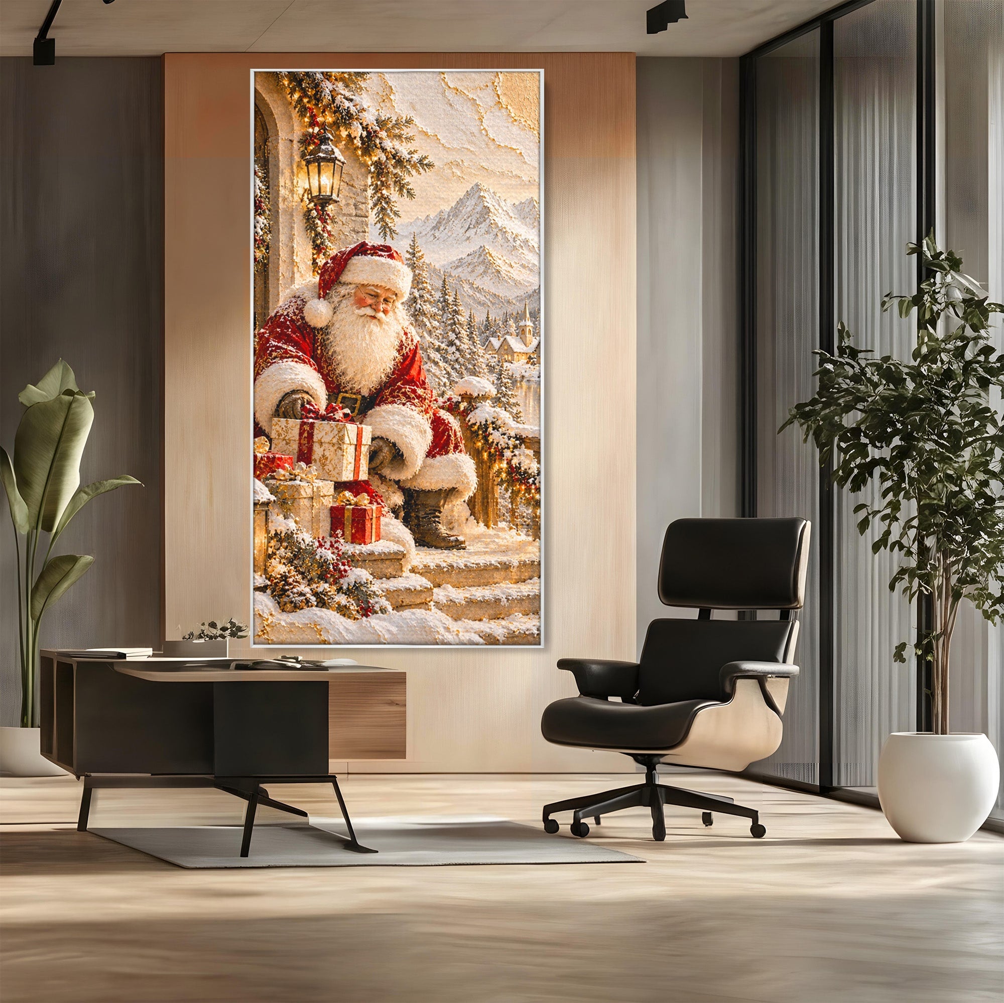 Tablou Canvas Premium LuxCanva® PI1415, Mos Craciun In Peisaj De Iarna, Pregatiri, Calatorie, Iarna, Cadouri, Sarbatori, Culori Vibrante, Living, Dormitor, Camera Copii