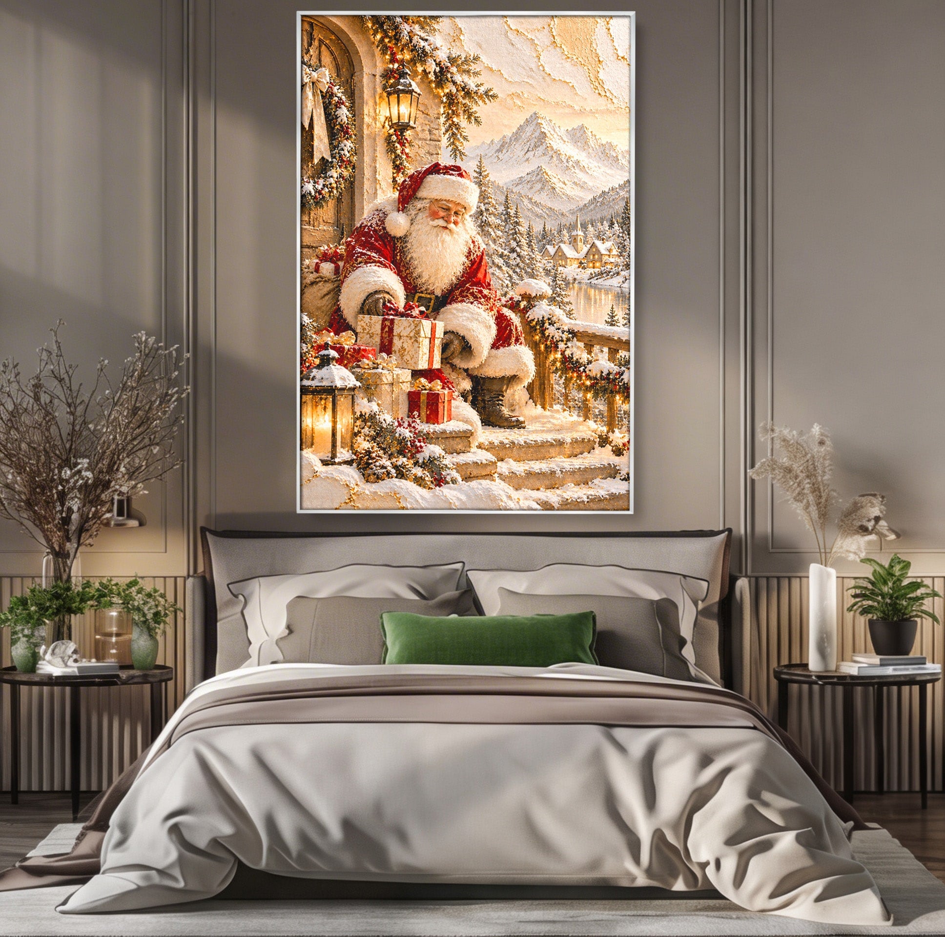 Tablou Canvas Premium LuxCanva® PI1415, Mos Craciun In Peisaj De Iarna, Pregatiri, Calatorie, Iarna, Cadouri, Sarbatori, Culori Vibrante, Living, Dormitor, Camera Copii
