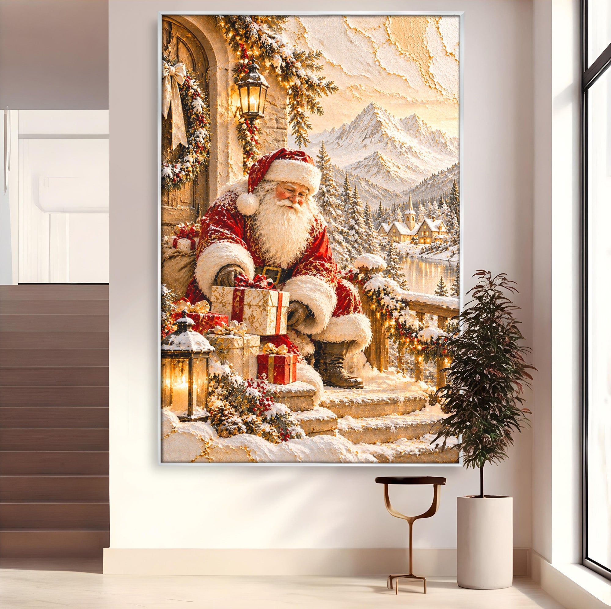 Tablou Canvas Premium LuxCanva® PI1415, Mos Craciun In Peisaj De Iarna, Pregatiri, Calatorie, Iarna, Cadouri, Sarbatori, Culori Vibrante, Living, Dormitor, Camera Copii