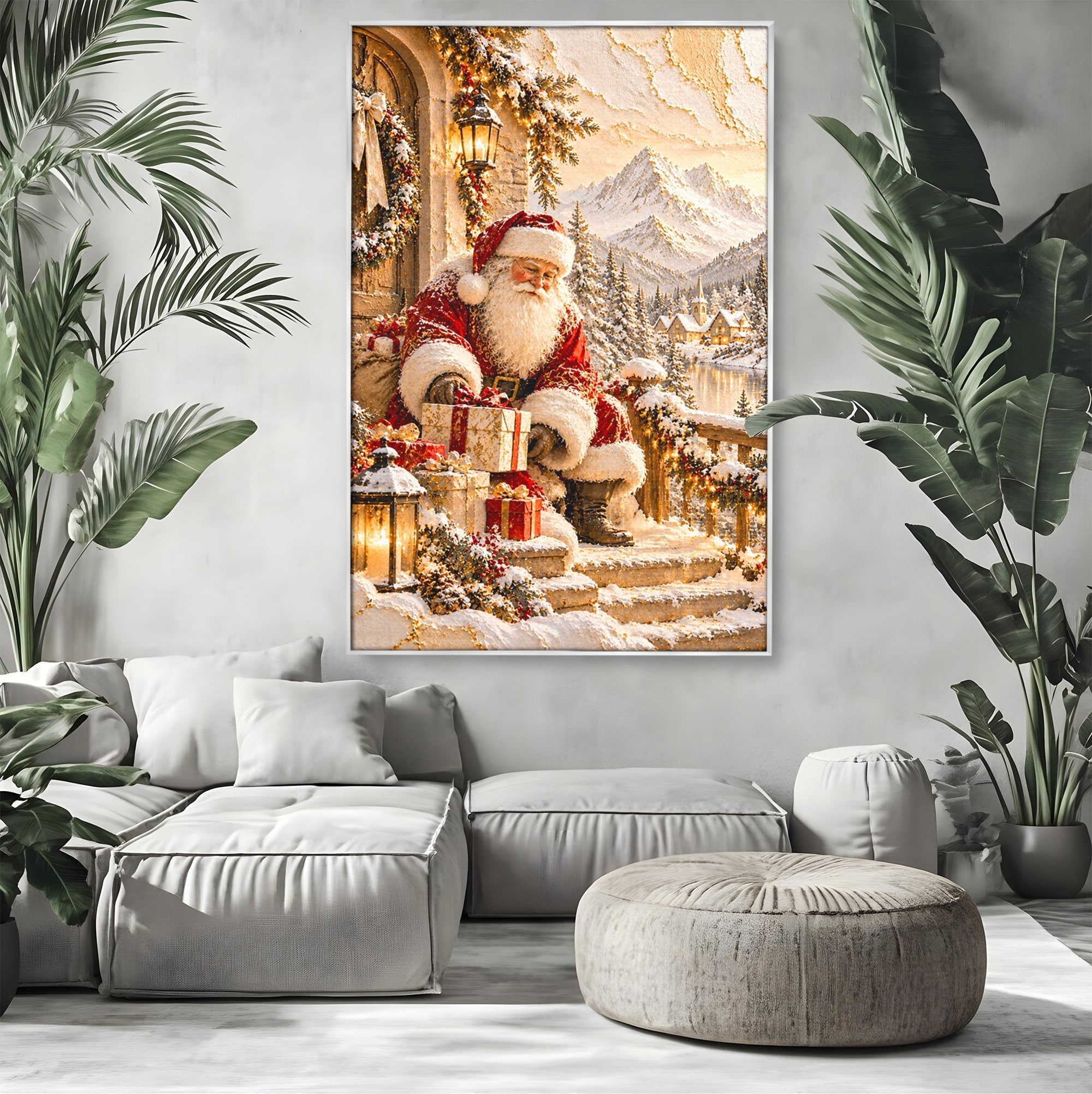 Tablou Canvas Premium LuxCanva® PI1415, Mos Craciun In Peisaj De Iarna, Pregatiri, Calatorie, Iarna, Cadouri, Sarbatori, Culori Vibrante, Living, Dormitor, Camera Copii