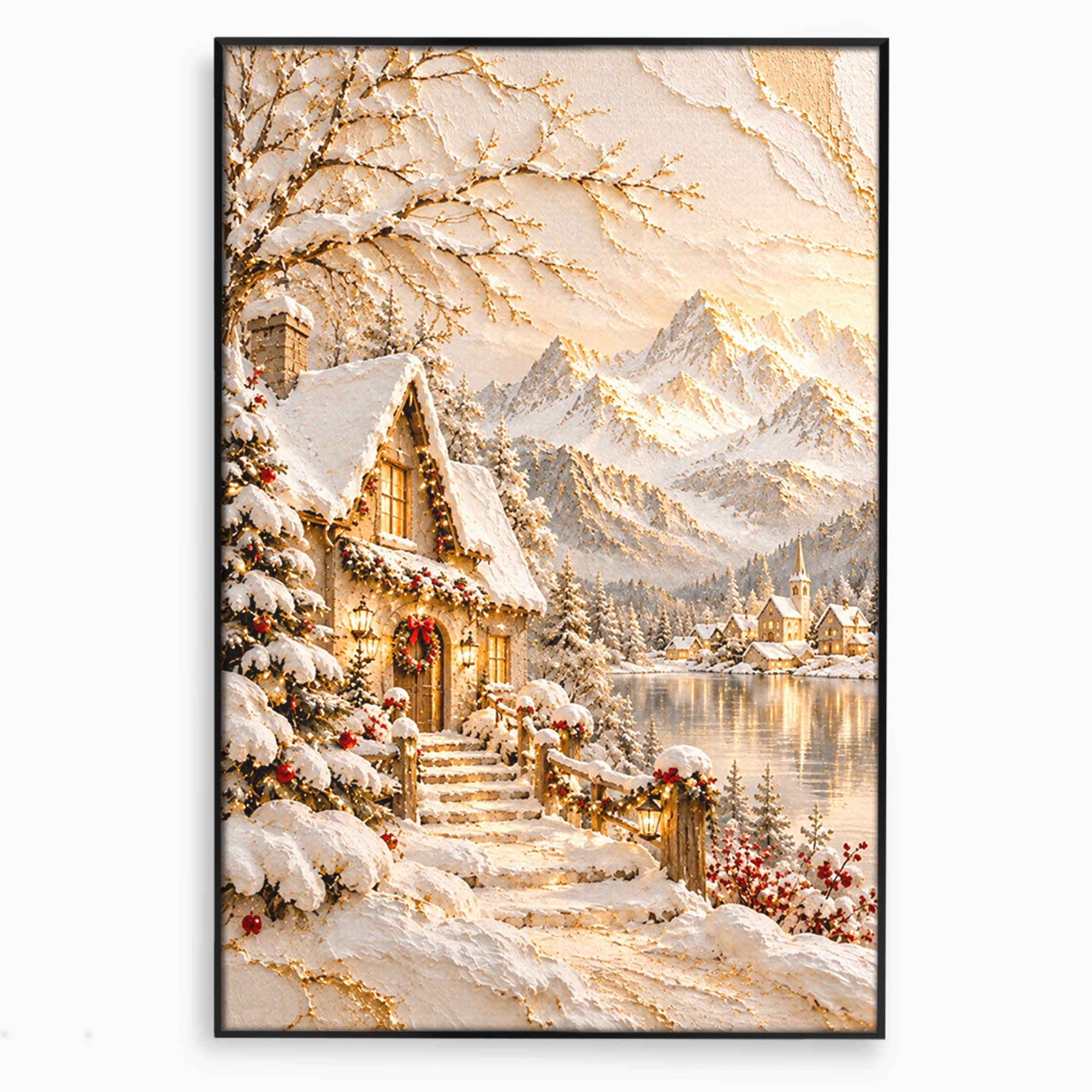 Tablou Canvas Premium LuxCanva® PI1417, Refugiu Montan, Cabana, Iarna, Munti, Peisaj, Zapada, Culori Vibrante, Living, Dormitor