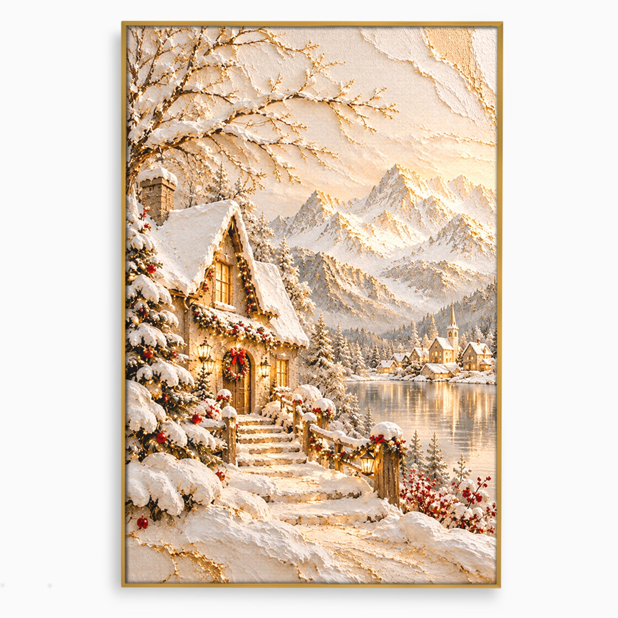 Tablou Canvas Premium LuxCanva® PI1417, Refugiu Montan, Cabana, Iarna, Munti, Peisaj, Zapada, Culori Vibrante, Living, Dormitor