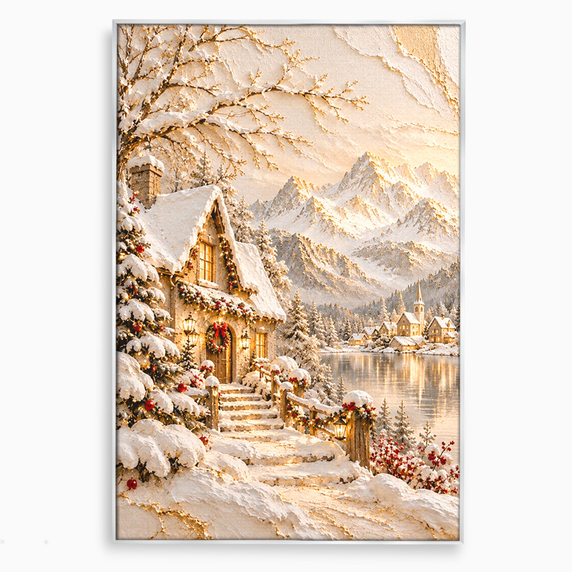 Tablou Canvas Premium LuxCanva® PI1417, Refugiu Montan, Cabana, Iarna, Munti, Peisaj, Zapada, Culori Vibrante, Living, Dormitor
