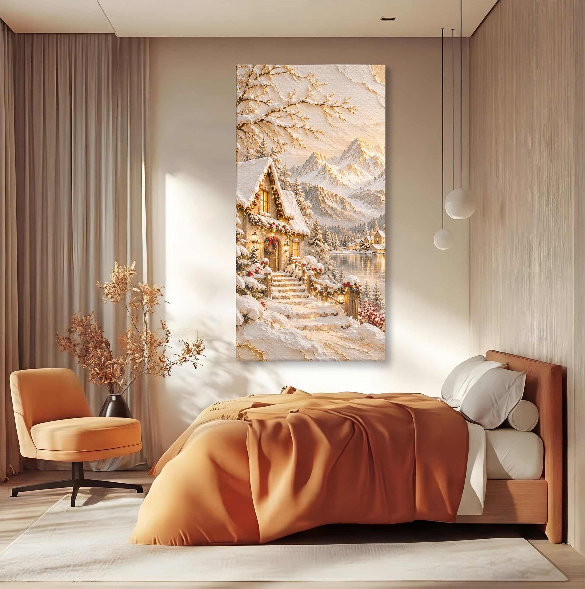 Tablou Canvas Premium LuxCanva® PI1417, Refugiu Montan, Cabana, Iarna, Munti, Peisaj, Zapada, Culori Vibrante, Living, Dormitor