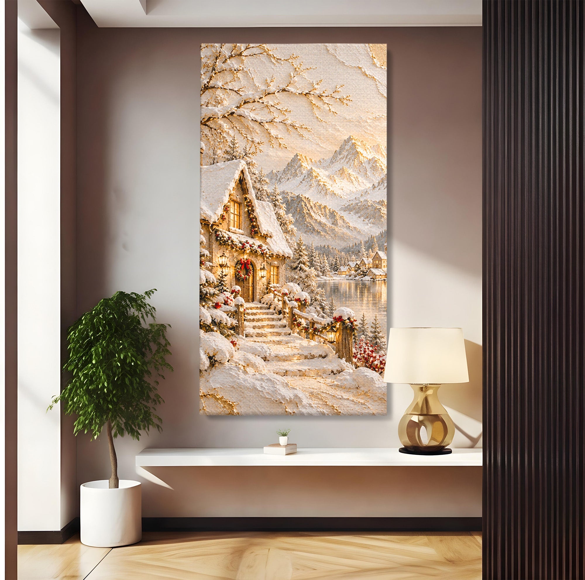 Tablou Canvas Premium LuxCanva® PI1417, Refugiu Montan, Cabana, Iarna, Munti, Peisaj, Zapada, Culori Vibrante, Living, Dormitor