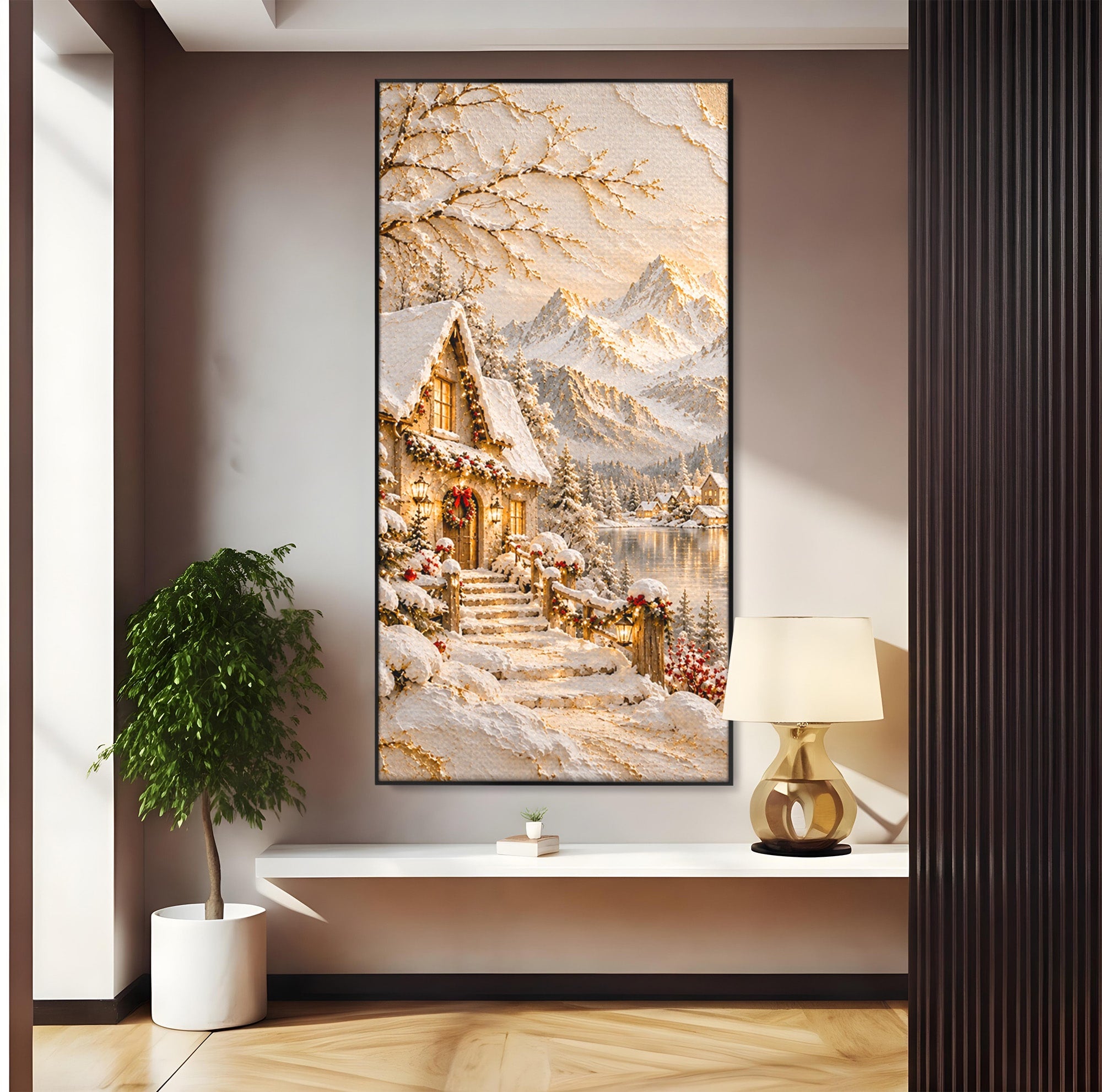 Tablou Canvas Premium LuxCanva® PI1417, Refugiu Montan, Cabana, Iarna, Munti, Peisaj, Zapada, Culori Vibrante, Living, Dormitor