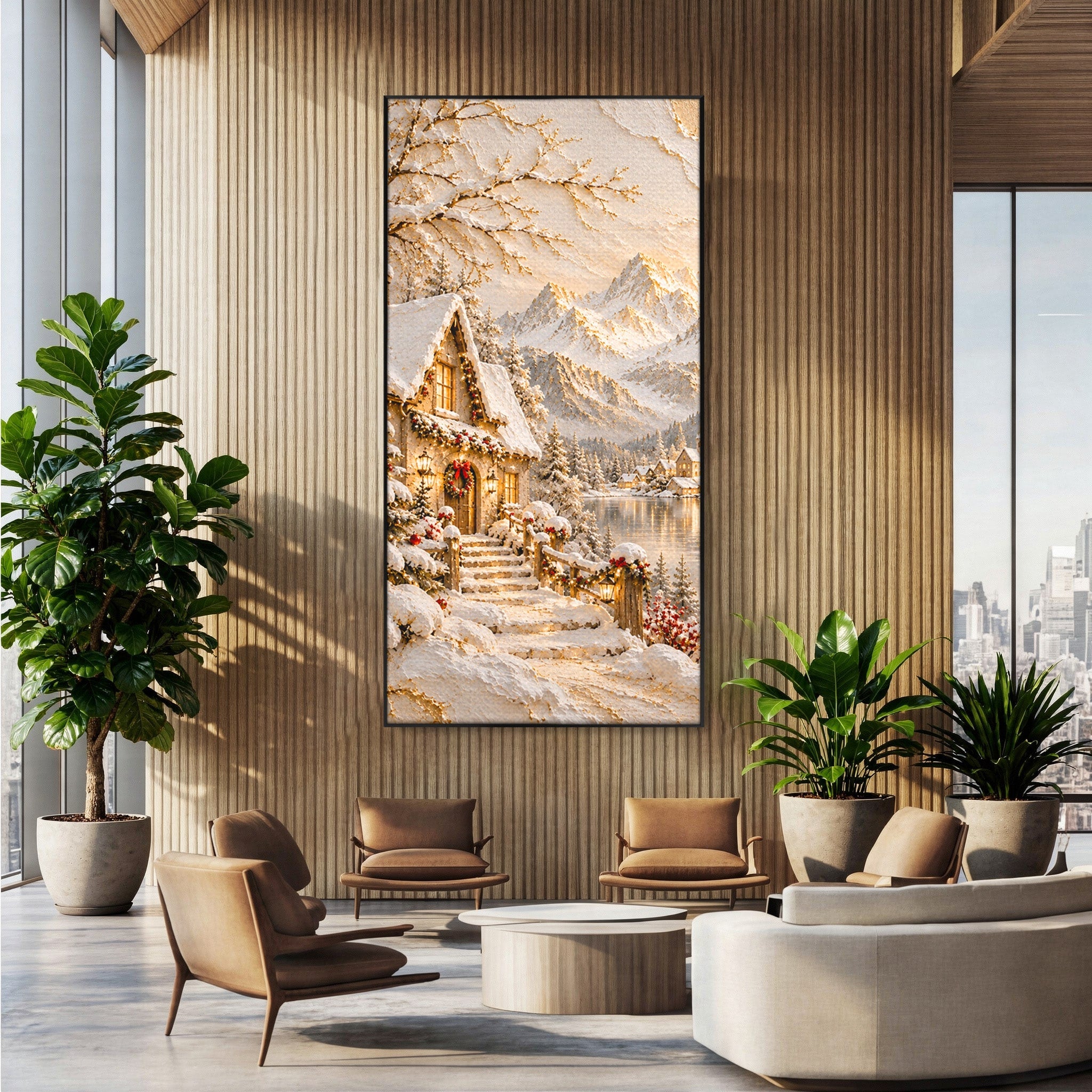 Tablou Canvas Premium LuxCanva® PI1417, Refugiu Montan, Cabana, Iarna, Munti, Peisaj, Zapada, Culori Vibrante, Living, Dormitor