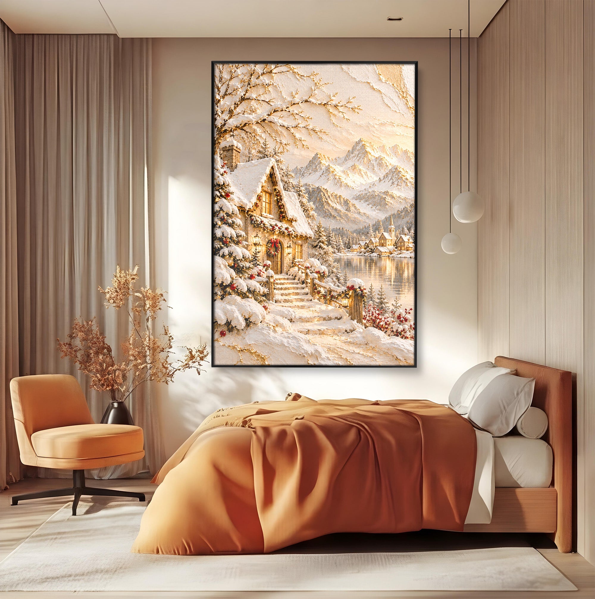 Tablou Canvas Premium LuxCanva® PI1417, Refugiu Montan, Cabana, Iarna, Munti, Peisaj, Zapada, Culori Vibrante, Living, Dormitor
