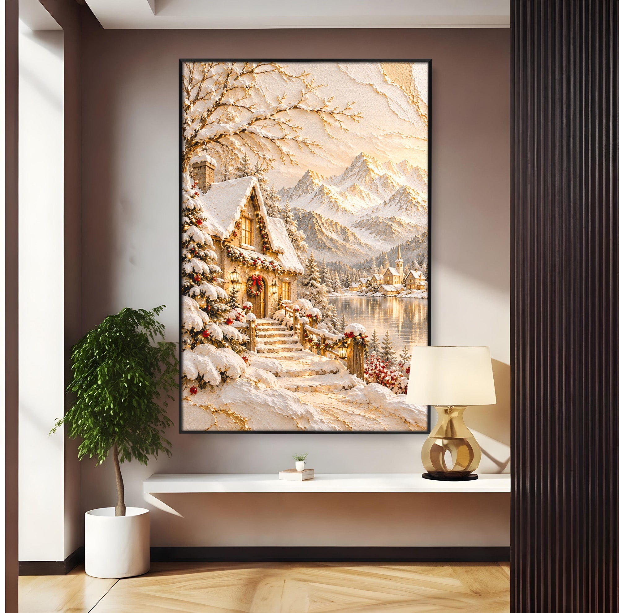 Tablou Canvas Premium LuxCanva® PI1417, Refugiu Montan, Cabana, Iarna, Munti, Peisaj, Zapada, Culori Vibrante, Living, Dormitor