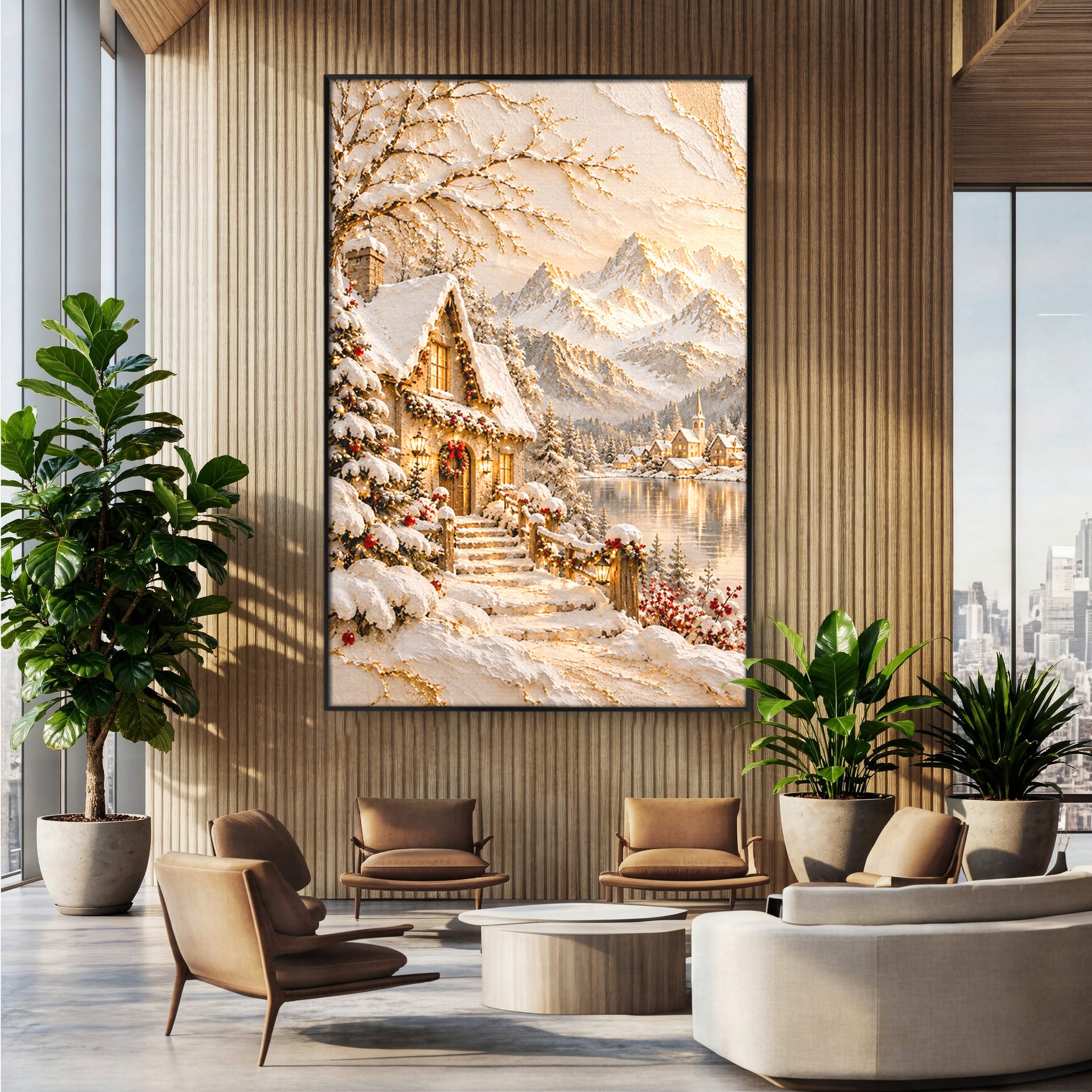 Tablou Canvas Premium LuxCanva® PI1417, Refugiu Montan, Cabana, Iarna, Munti, Peisaj, Zapada, Culori Vibrante, Living, Dormitor