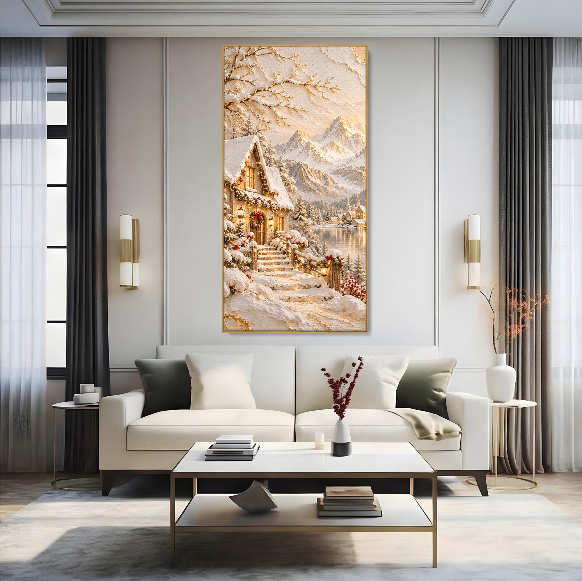 Tablou Canvas Premium LuxCanva® PI1417, Refugiu Montan, Cabana, Iarna, Munti, Peisaj, Zapada, Culori Vibrante, Living, Dormitor
