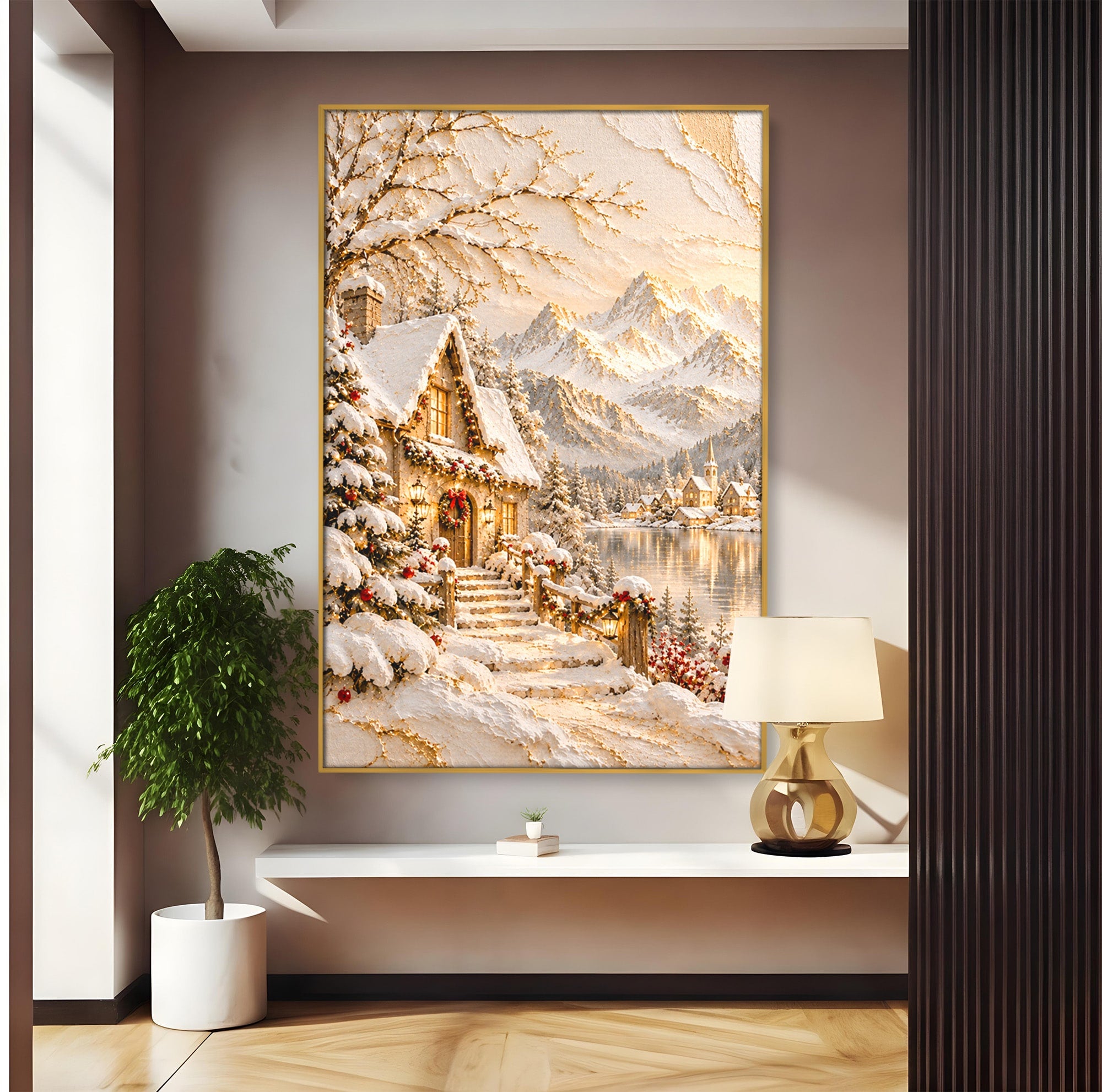 Tablou Canvas Premium LuxCanva® PI1417, Refugiu Montan, Cabana, Iarna, Munti, Peisaj, Zapada, Culori Vibrante, Living, Dormitor