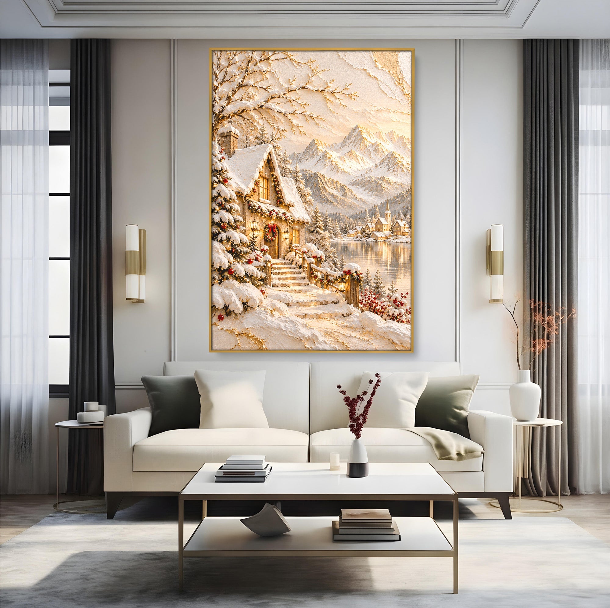Tablou Canvas Premium LuxCanva® PI1417, Refugiu Montan, Cabana, Iarna, Munti, Peisaj, Zapada, Culori Vibrante, Living, Dormitor