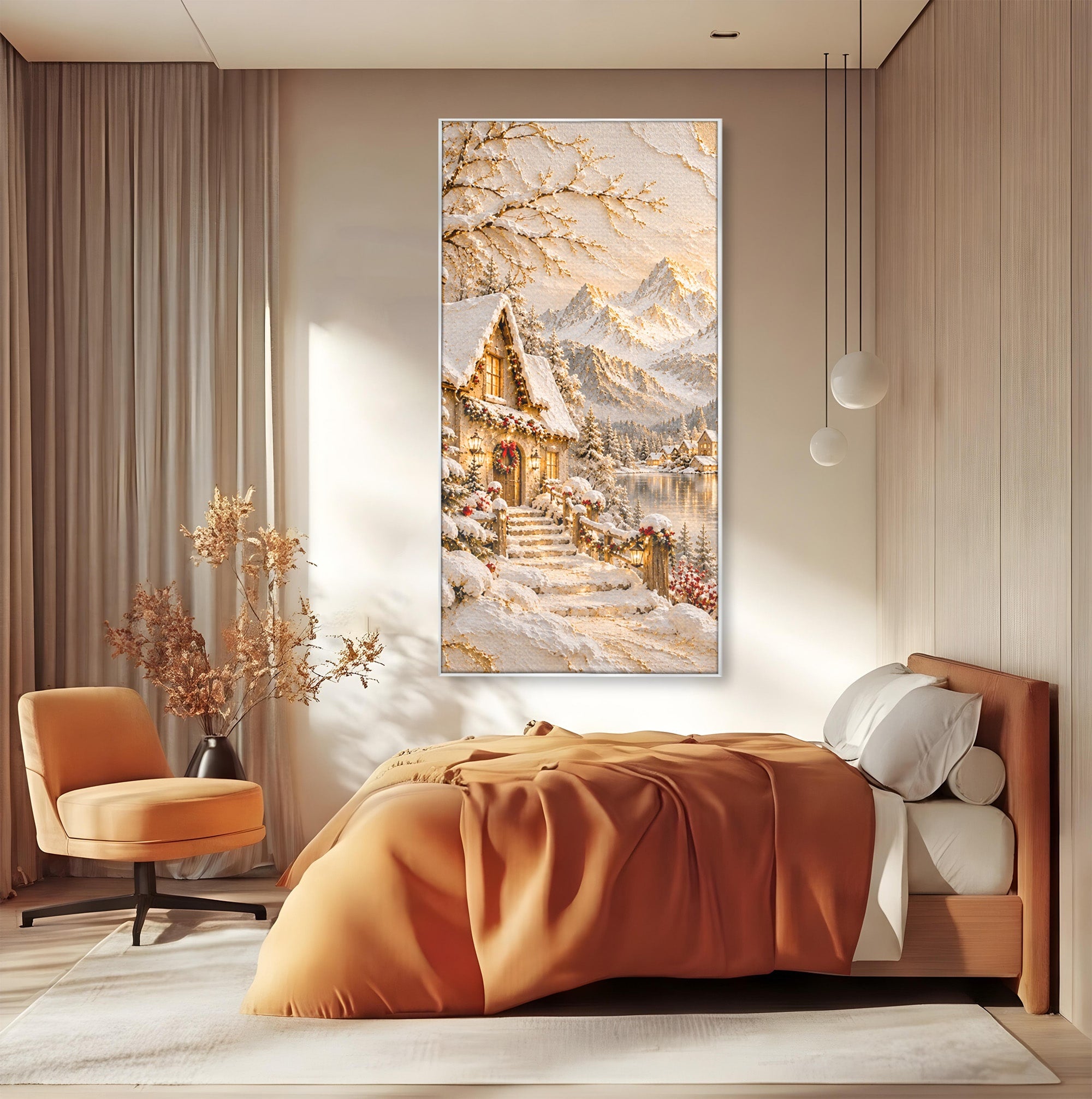 Tablou Canvas Premium LuxCanva® PI1417, Refugiu Montan, Cabana, Iarna, Munti, Peisaj, Zapada, Culori Vibrante, Living, Dormitor
