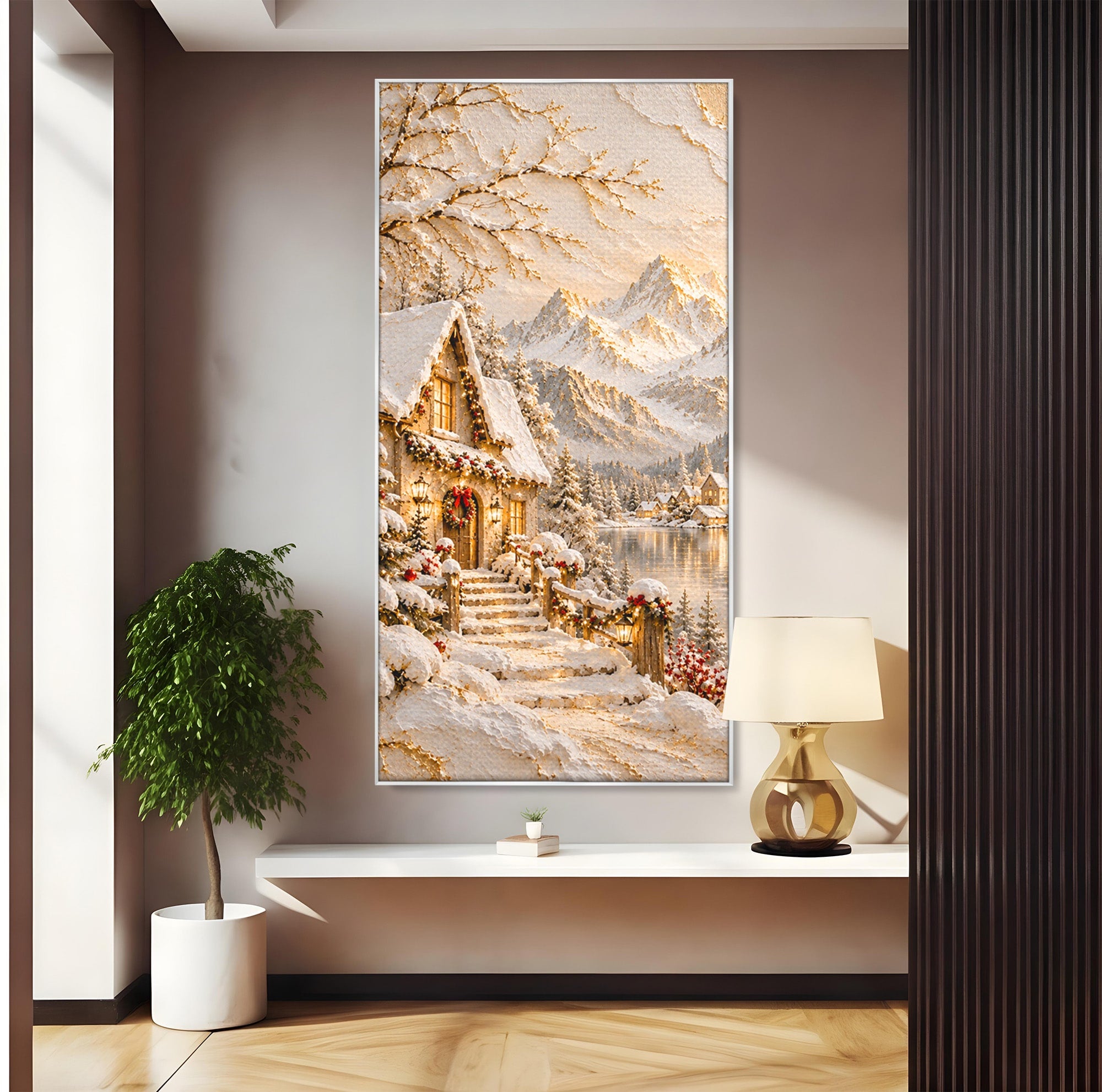Tablou Canvas Premium LuxCanva® PI1417, Refugiu Montan, Cabana, Iarna, Munti, Peisaj, Zapada, Culori Vibrante, Living, Dormitor