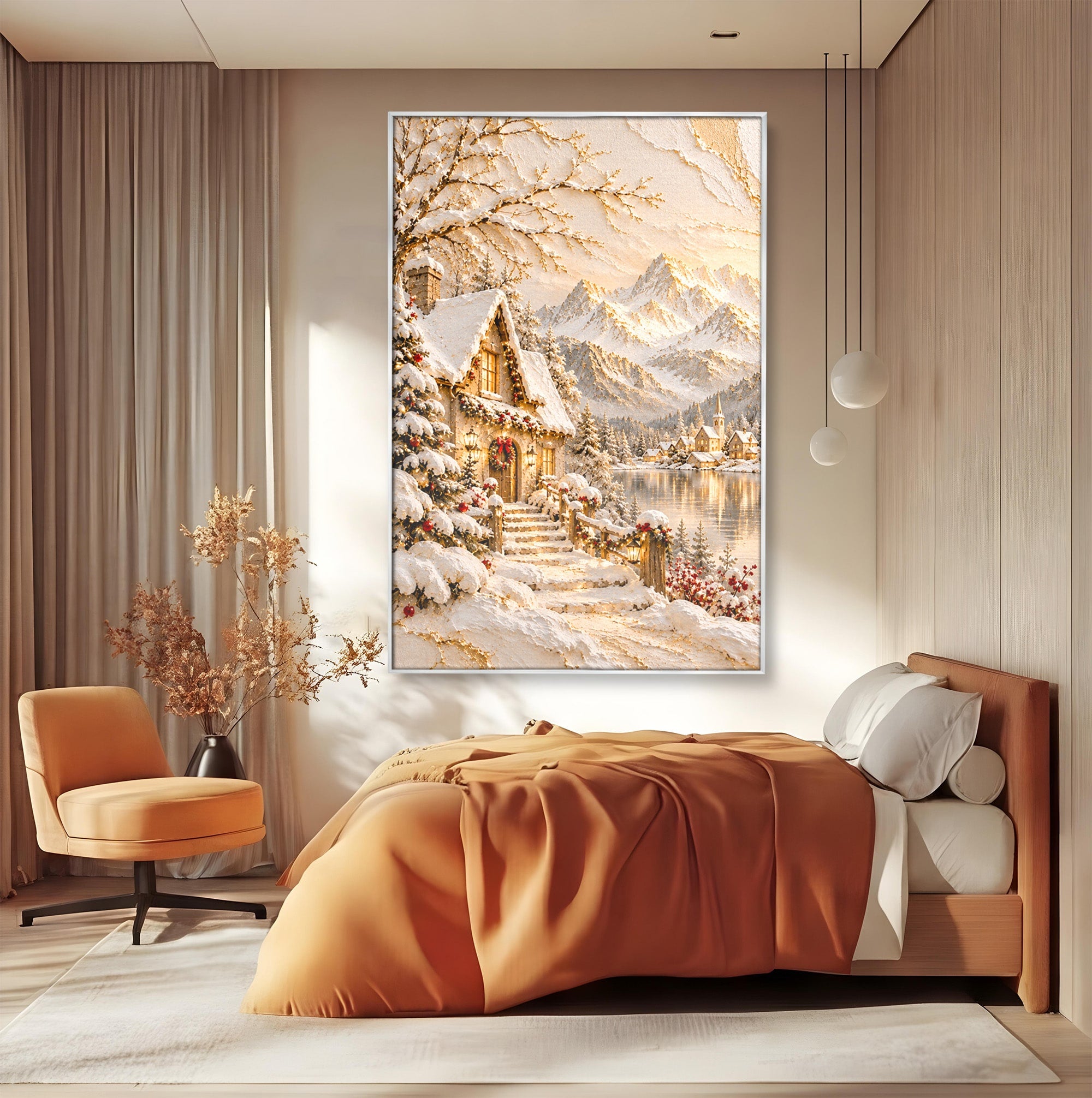 Tablou Canvas Premium LuxCanva® PI1417, Refugiu Montan, Cabana, Iarna, Munti, Peisaj, Zapada, Culori Vibrante, Living, Dormitor