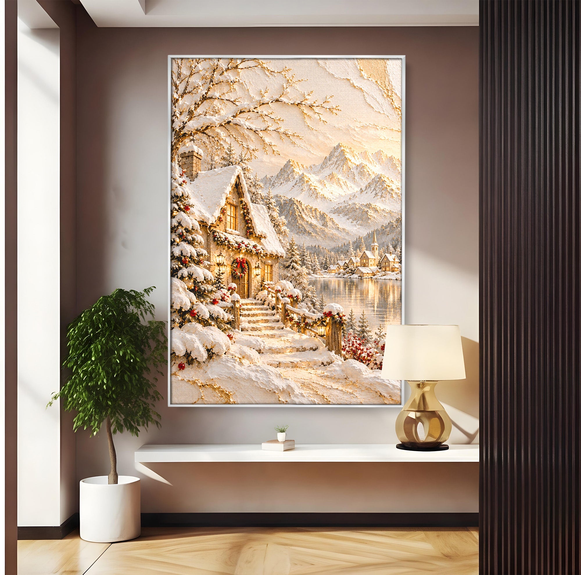 Tablou Canvas Premium LuxCanva® PI1417, Refugiu Montan, Cabana, Iarna, Munti, Peisaj, Zapada, Culori Vibrante, Living, Dormitor